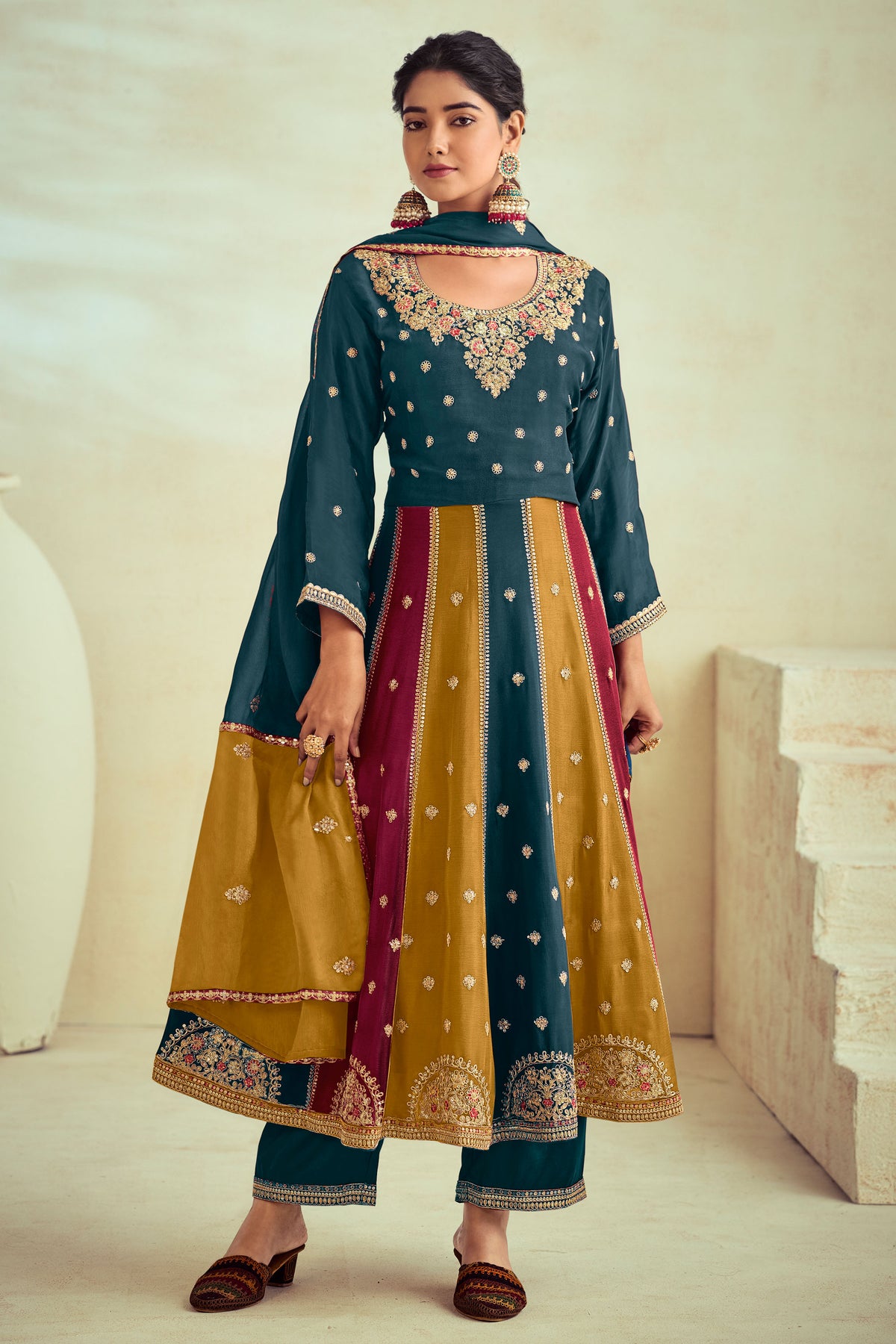 Teal Pure Viscose Chinon Cording Work Party Wear Designer Anarkali Suit
