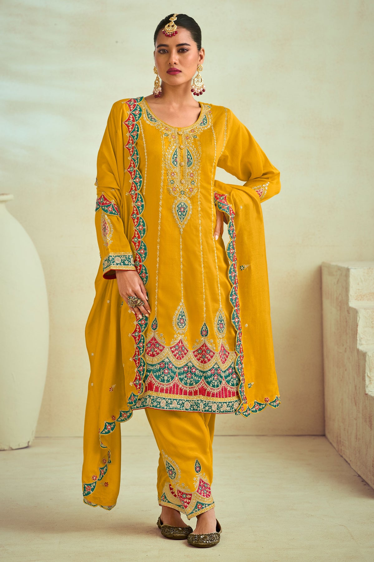 Yellow Pure Silk Embroidery With Cording Work Party Wear Designer Salwar Kameez
