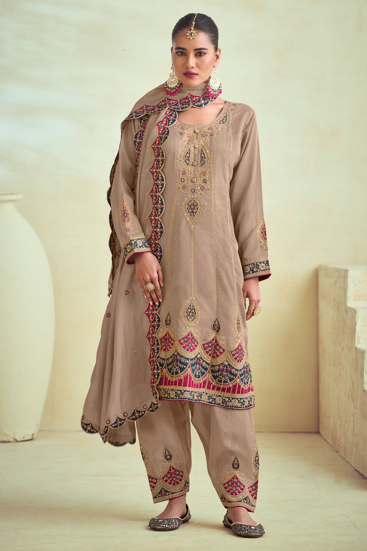 Beige Pure Silk Embroidery With Cording Work Party Wear Designer Suit