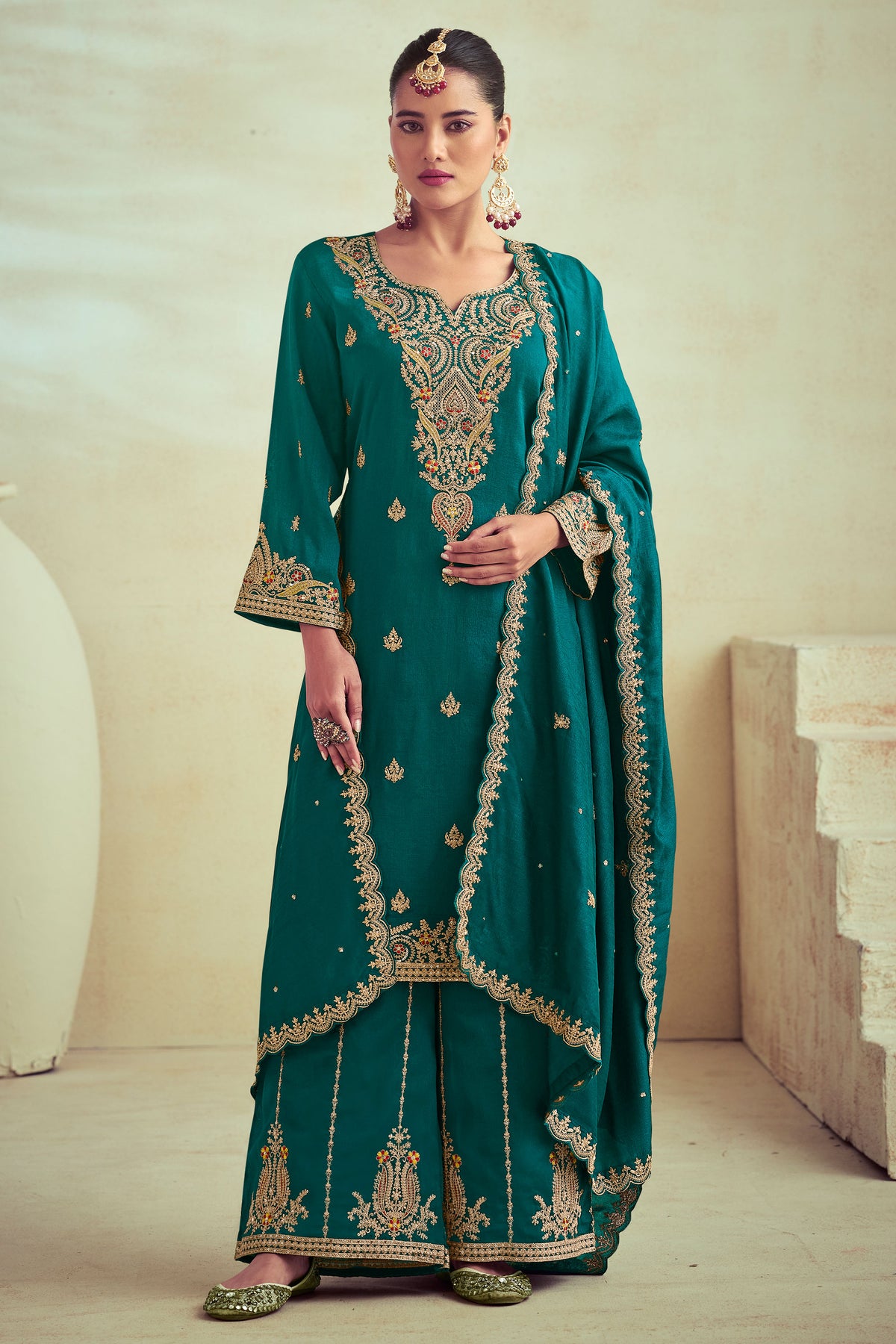 Teal Pure Silk Embroidery With Cording Work Party Wear Designer Palazzo Dress