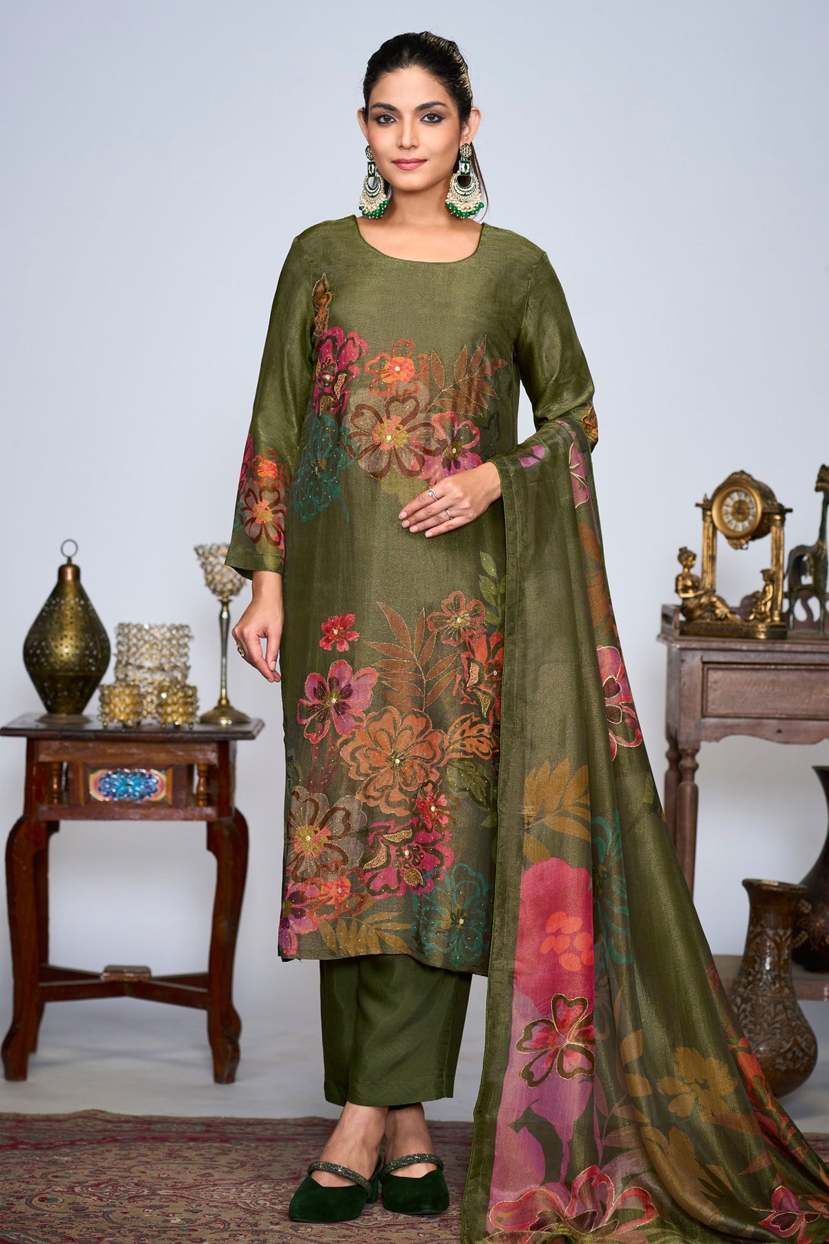 Olive Green Pure Silk Tissue Digital Print Designer Suit