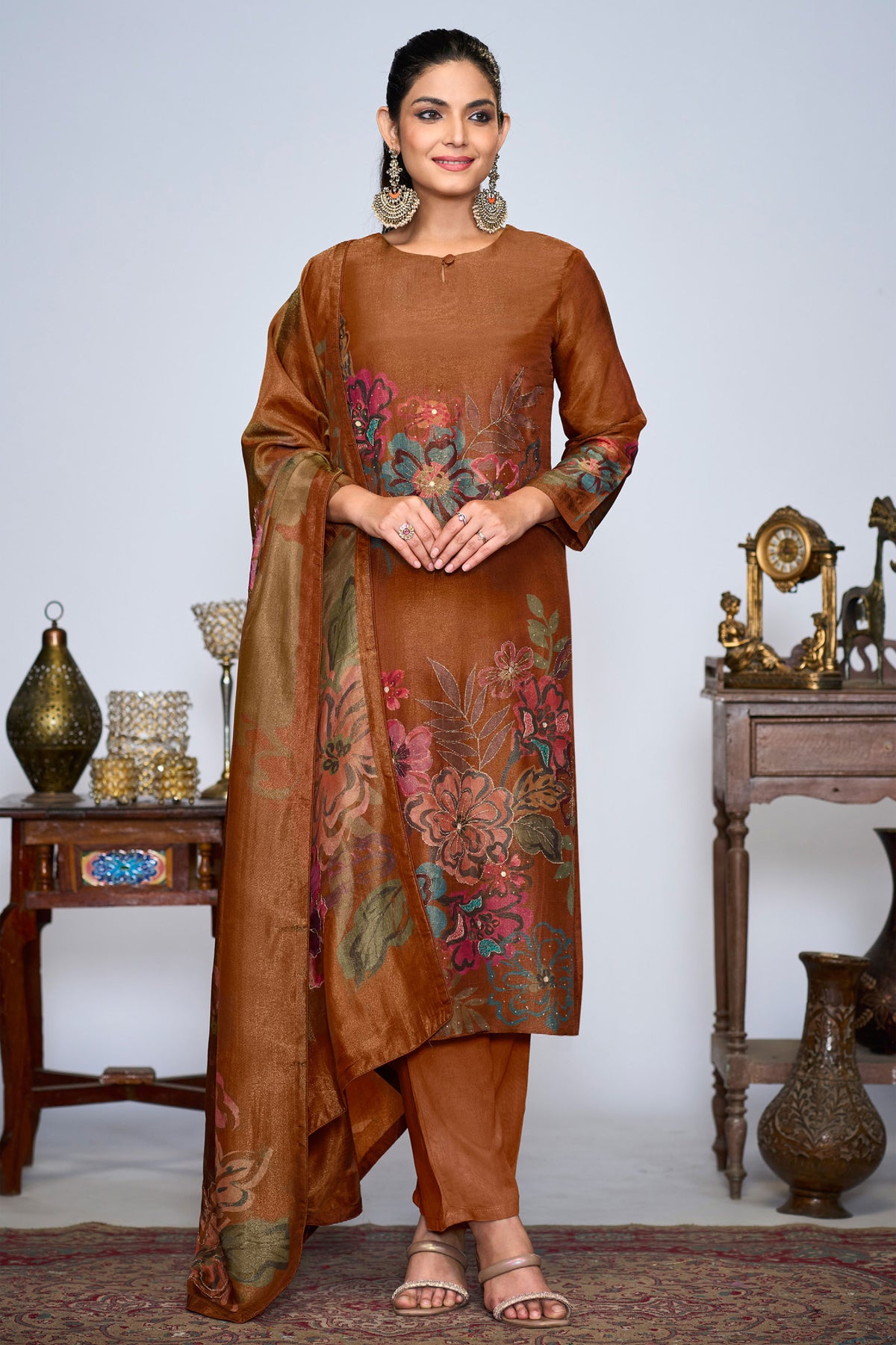 Rust Pure Silk Tissue Digital Print Designer Dress