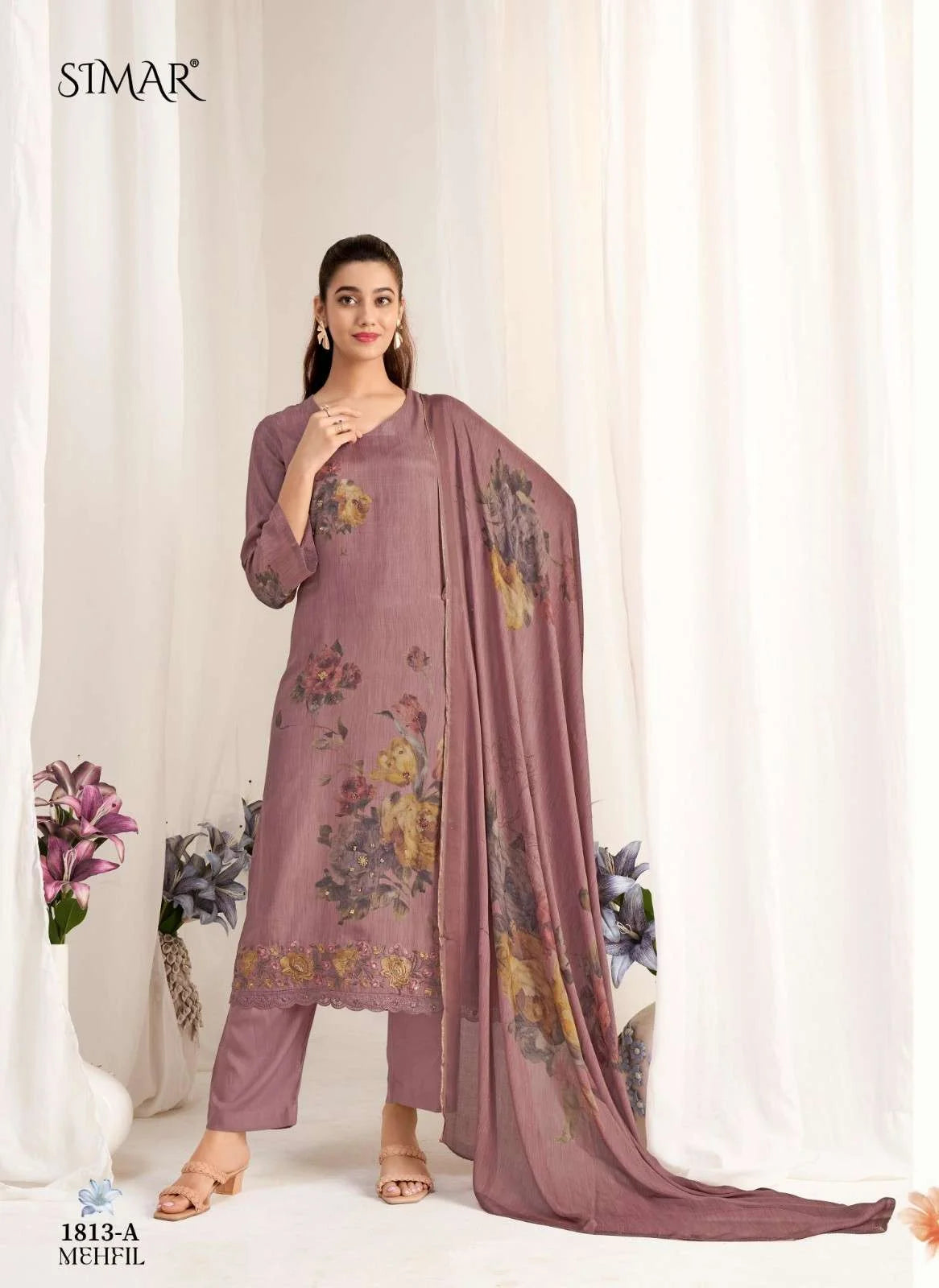 Simar Mehfil Dusty Rose Floral Digital Print Muslin Salwar Kameez Set