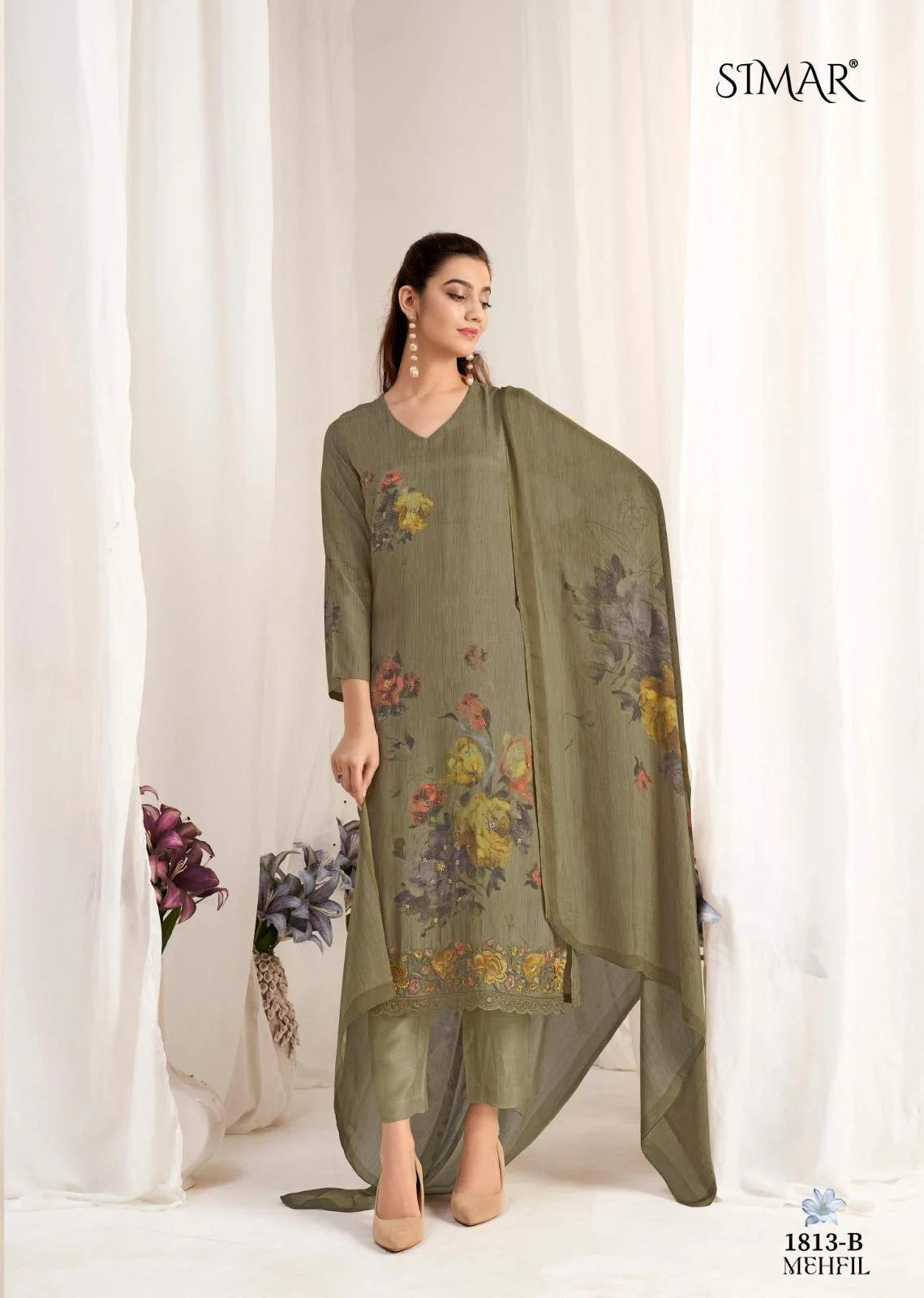 Simar Mehfil Olive Green Floral Digital Print Muslin Salwar Kameez Set