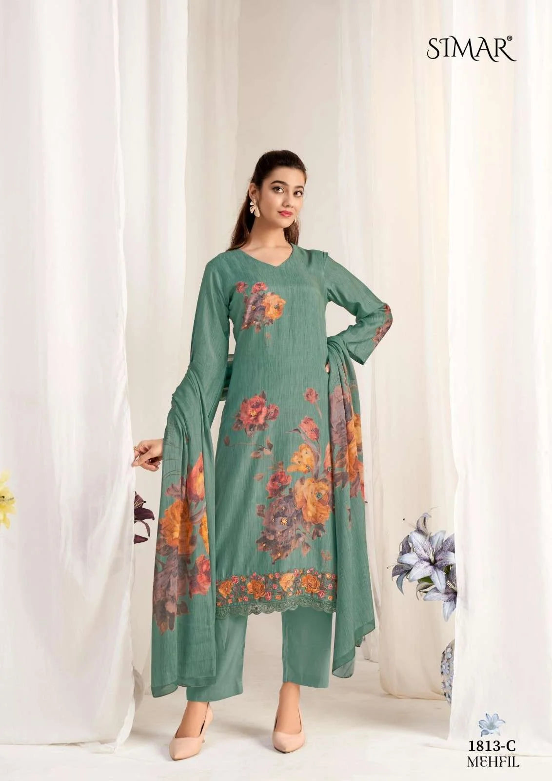 Simar Mehfil Sea Green Floral Digital Print Muslin Salwar Kameez Set