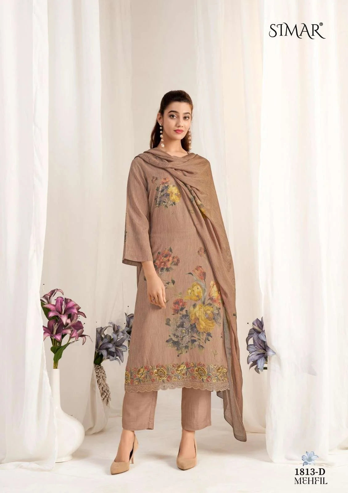 Simar Mehfil Warm Taupe Floral Digital Print Muslin Salwar Kameez Set