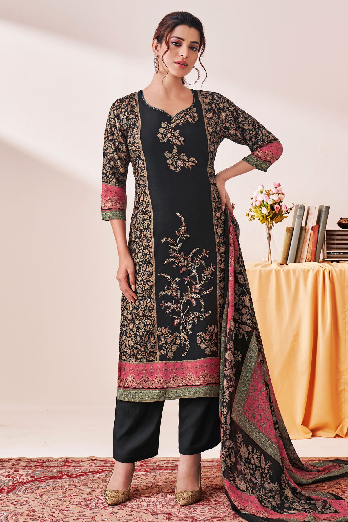 Black Pure Viscose Muslin Digital Print With Embroidery Work Designer Salwar Suit