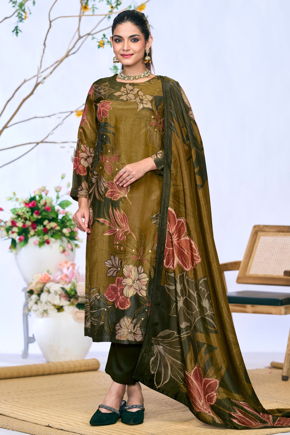 Brown Pure Silk Tissue Digital Print Salwar Suit