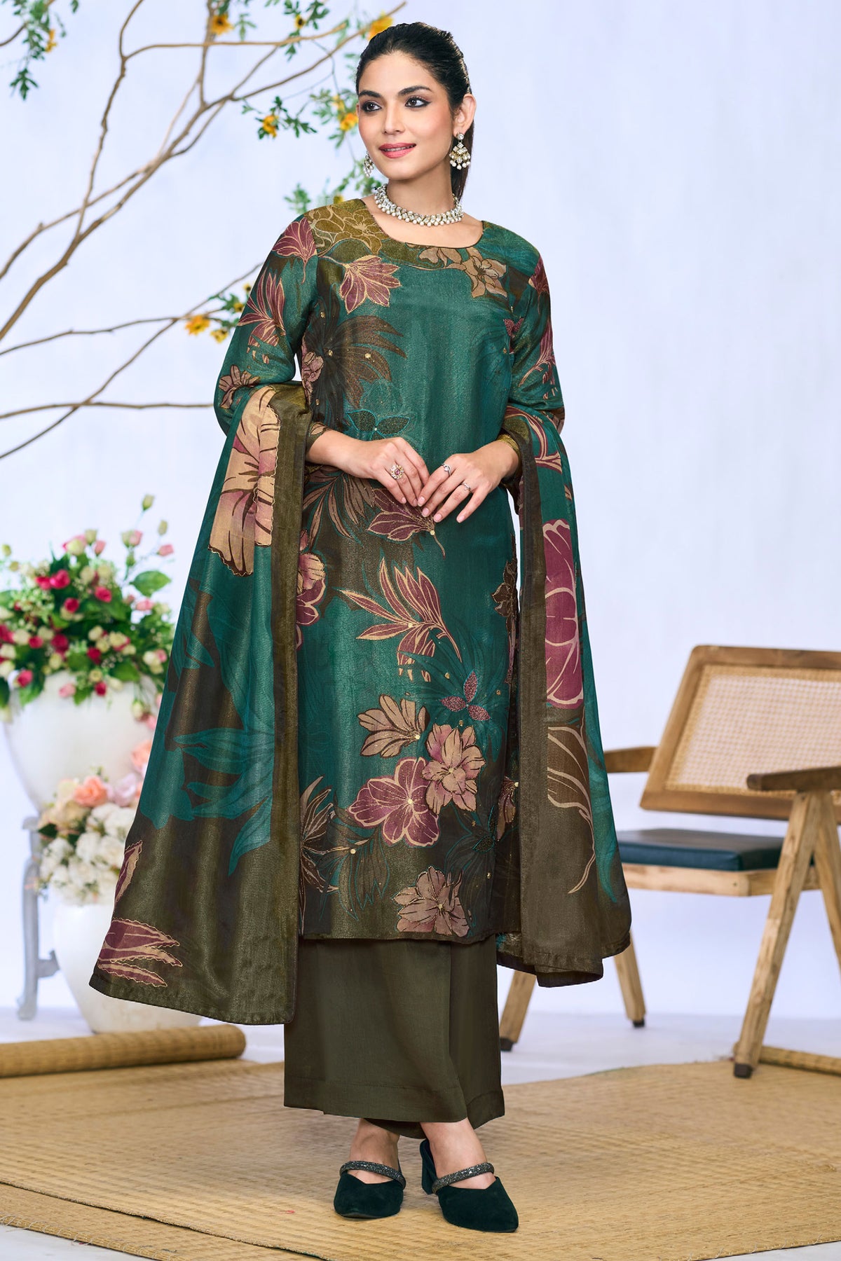 Pure Silk Tissue Teal Digital Print Suit