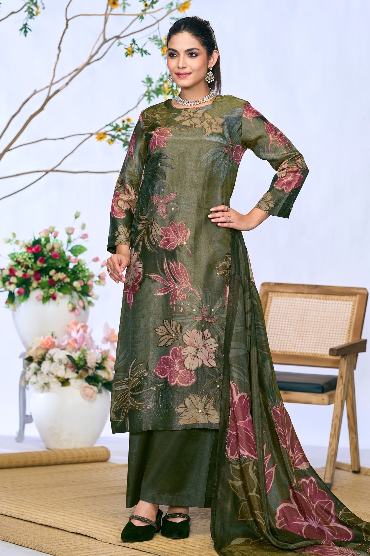 Pure Silk Tissue Digital Print Olive Green Dress