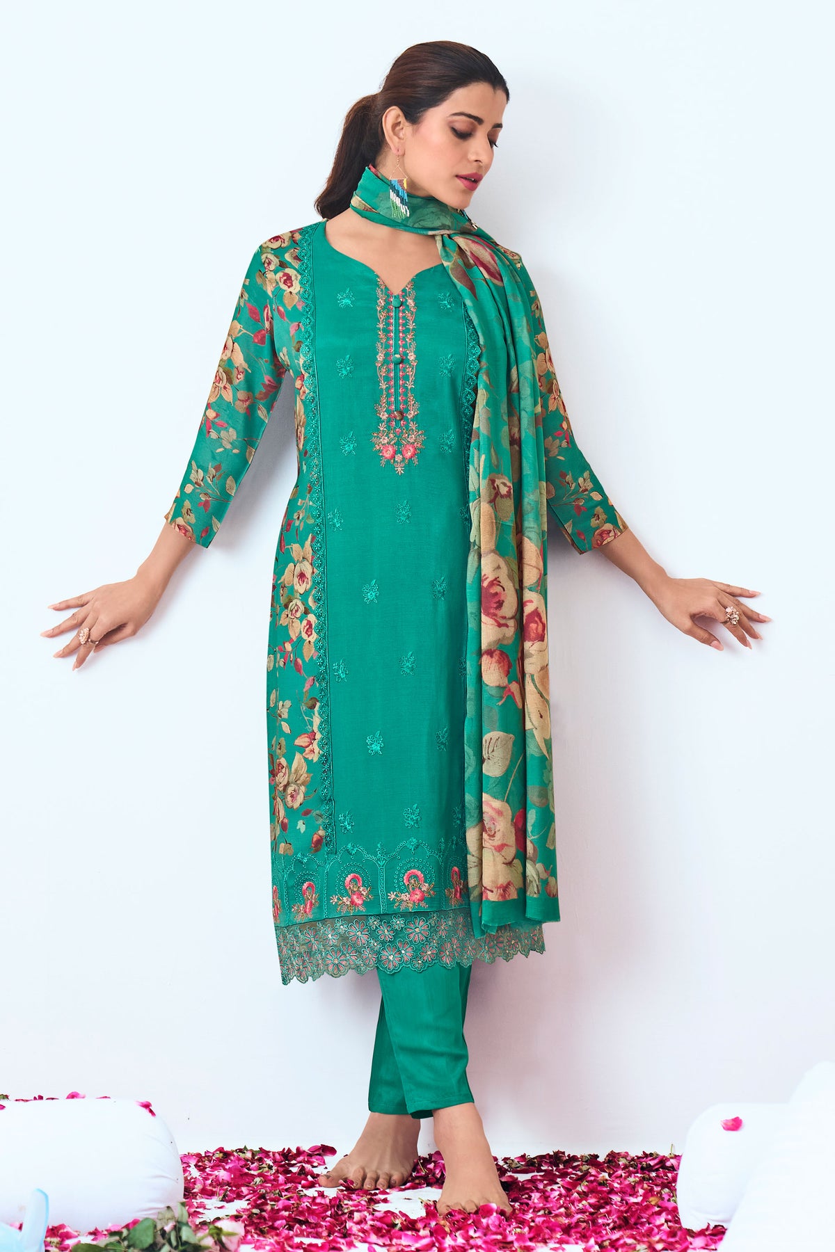 Cyan Pure Viscose Muslin Digital Print Daily Wear Suit