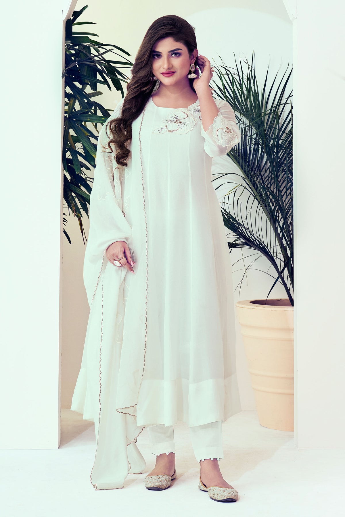 White Pure Viscose Organza Embroidery Work Designar Top With Dupatta
