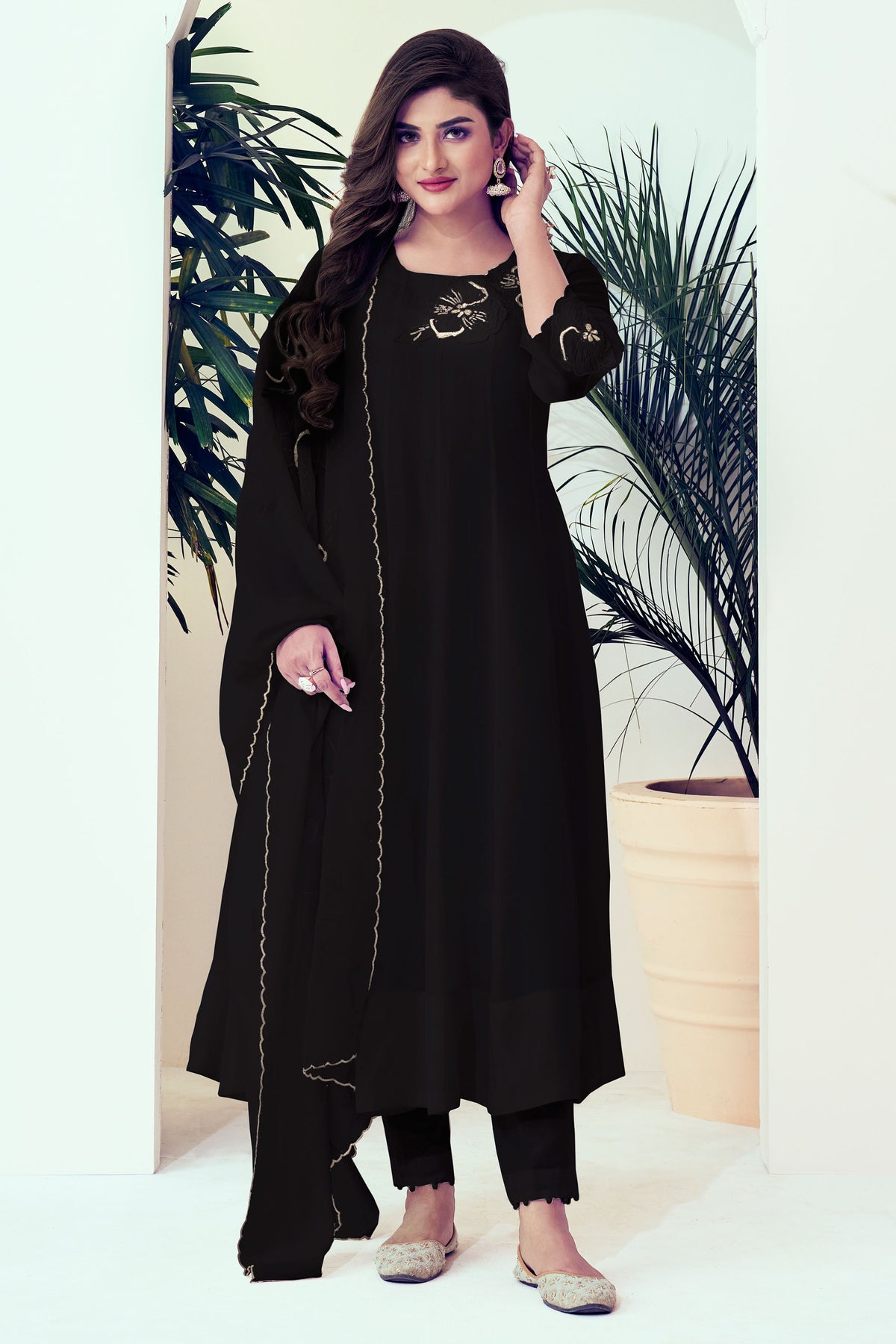 Black Pure Viscose Organza Embroidery Work Designar Top With Dupatta