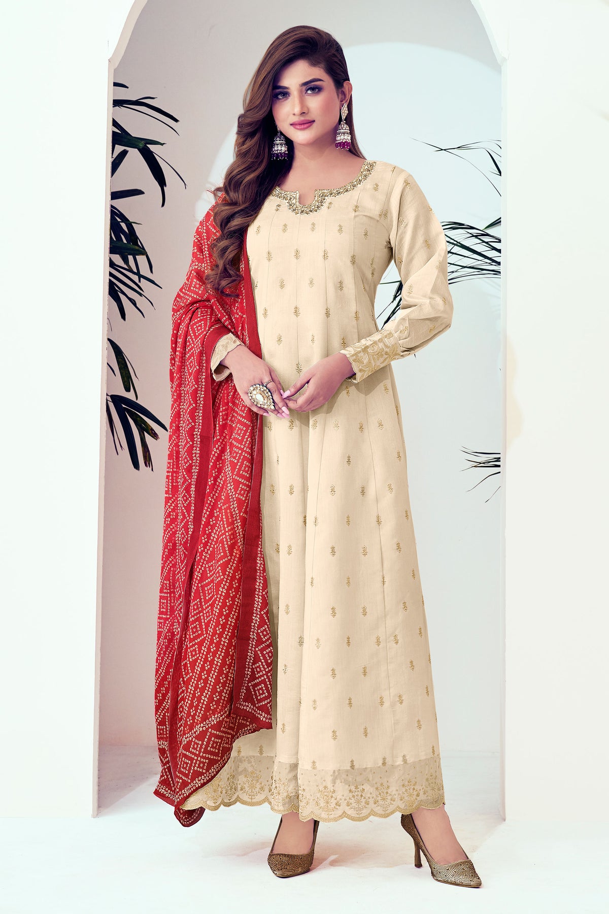 Beige Color Modal Muslin Embroidery Work Designer Top With Bandhani Dupatta
