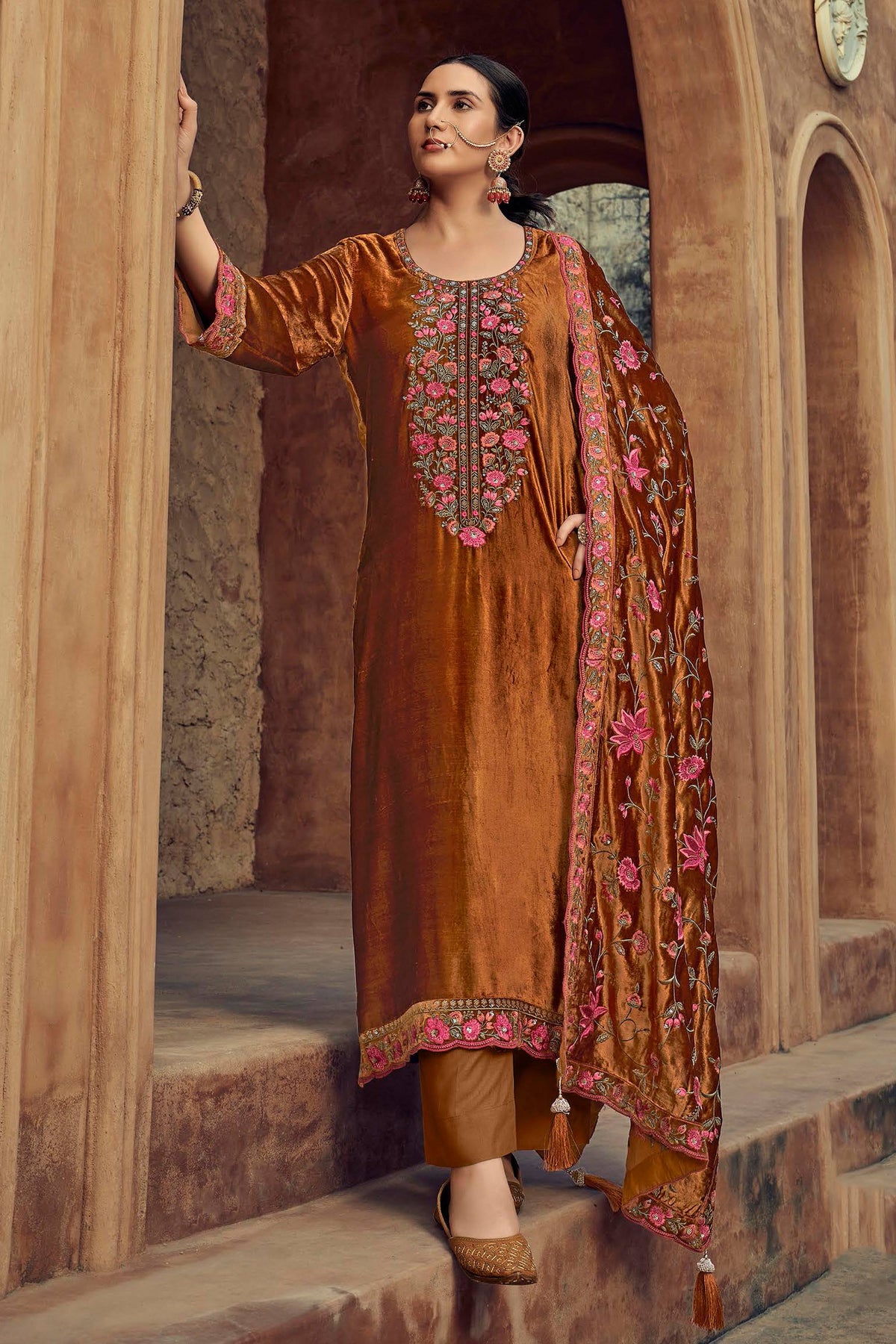 Viscose Velvet Embroidered Designer Long Salwar Kameez