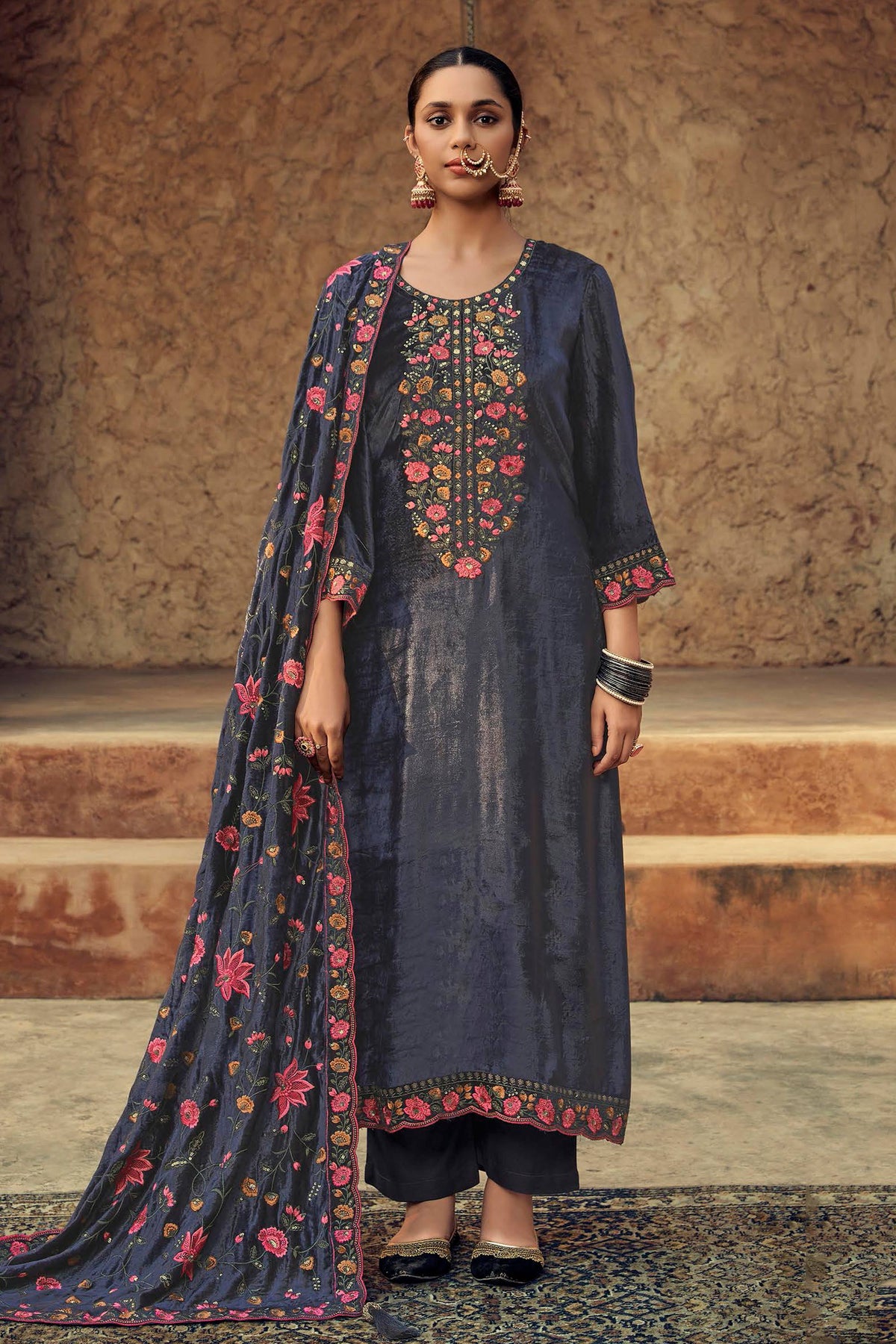 Navy Blue Viscose Velvet Embroidered Designer Long Salwar Suit