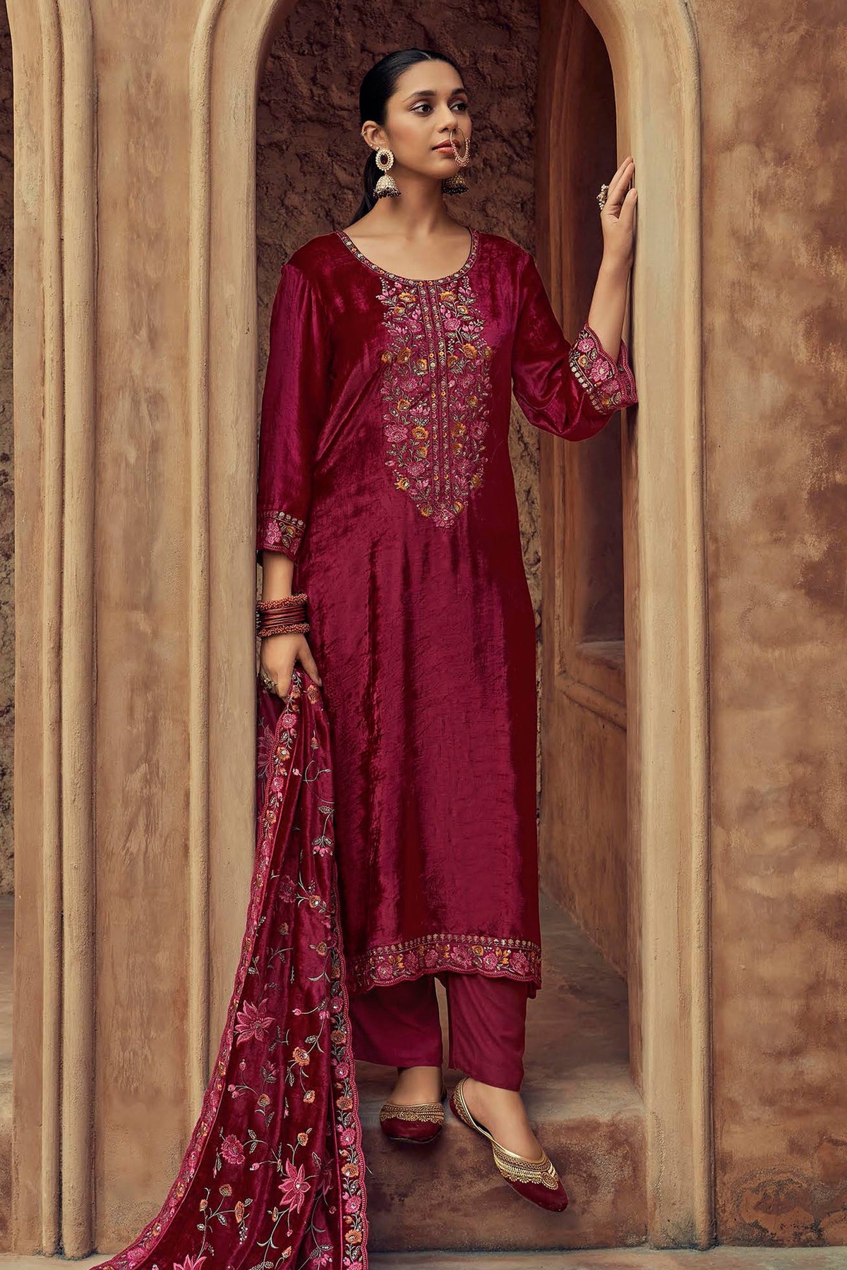 Viscose Velvet Rani Color Embroidered Designer Long Suit