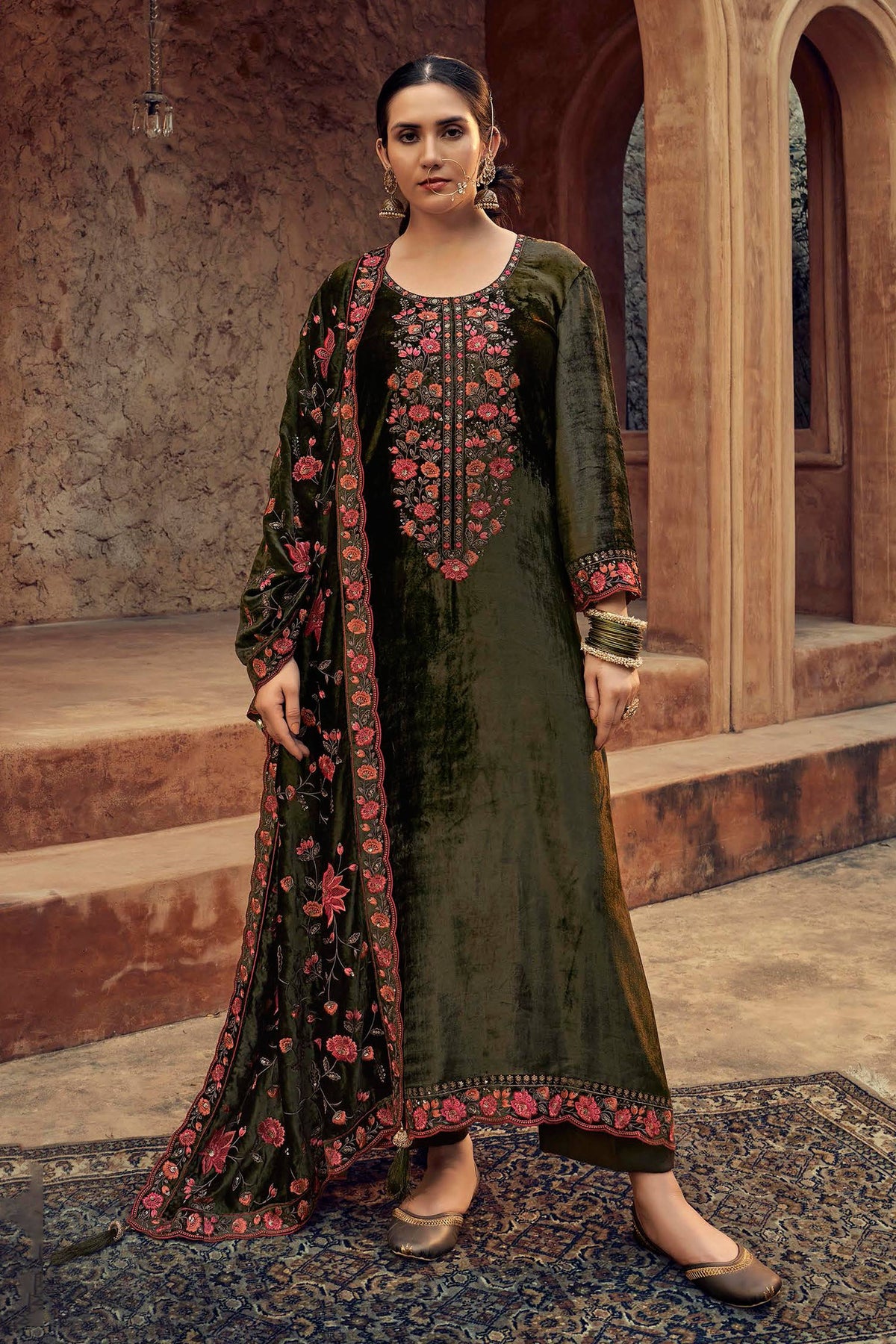 Viscose Velvet Embroidered Designer Long Dress In Olive Color