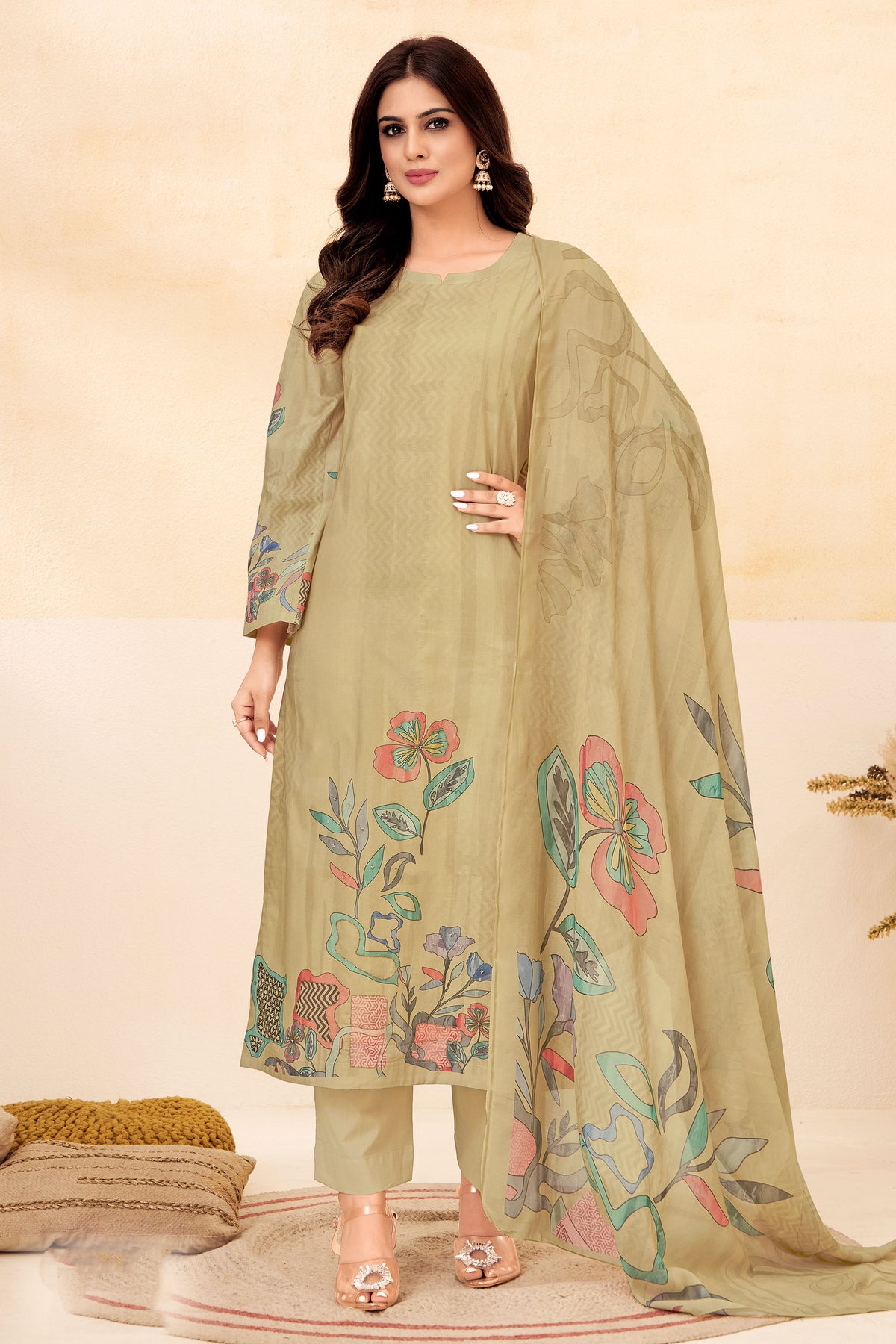 Cream Pure Lawn Cotton Digital Print With Handwork Salwar Kameez