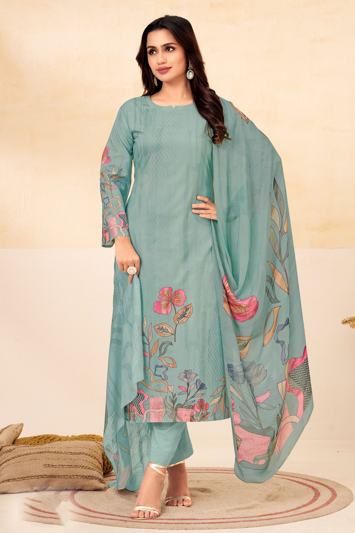 Cyan Pure Lawn Cotton Digital Print With Handwork Salwar Suit