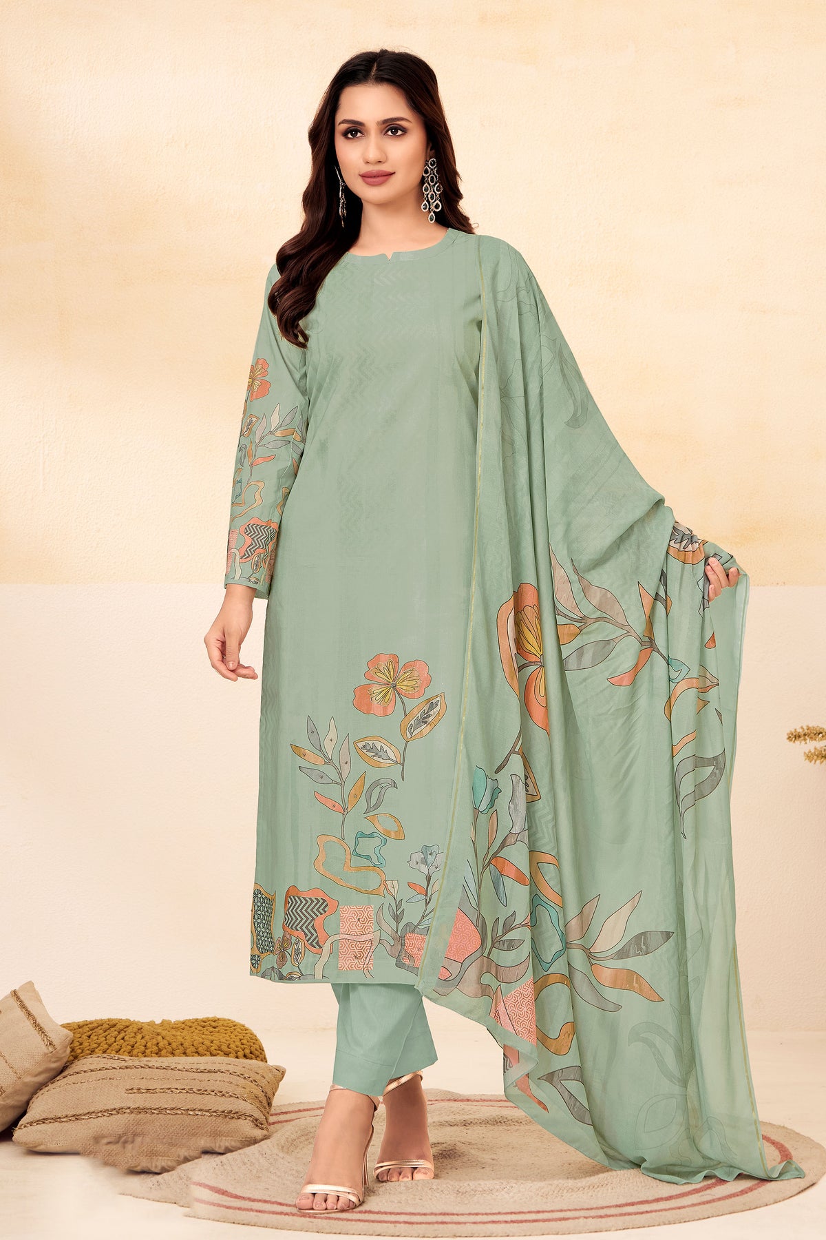 Sea Green Pure Lawn Cotton Digital Print With Handwork Dress