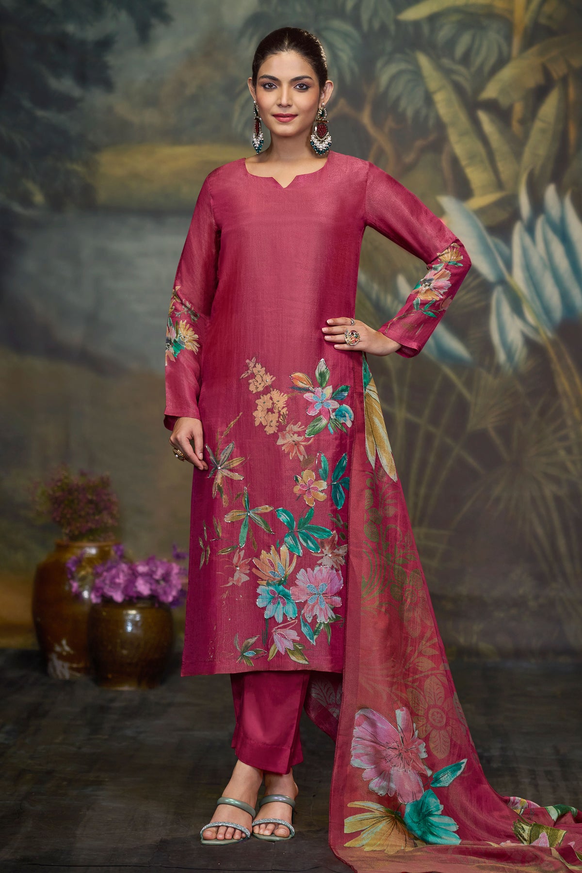 Pure Silk Tissue Rani Color Digital Printed Salwar Set