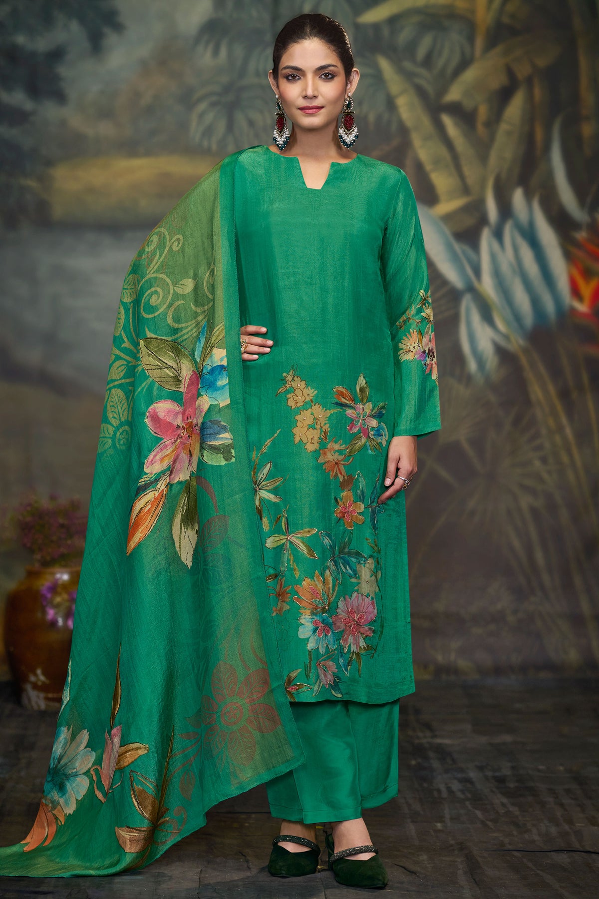Green Digital Printed Pure Silk Tissue Salwar Kameez