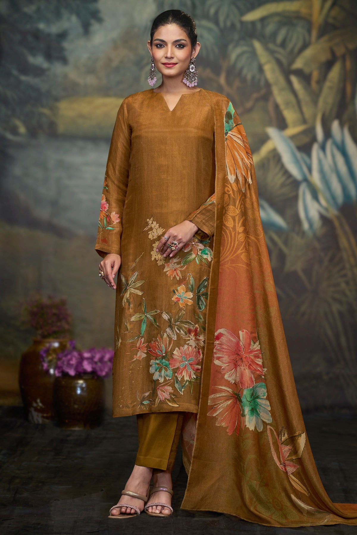 Pure Silk Tissue Brown Digital Printed With Handwork Salwar Suit