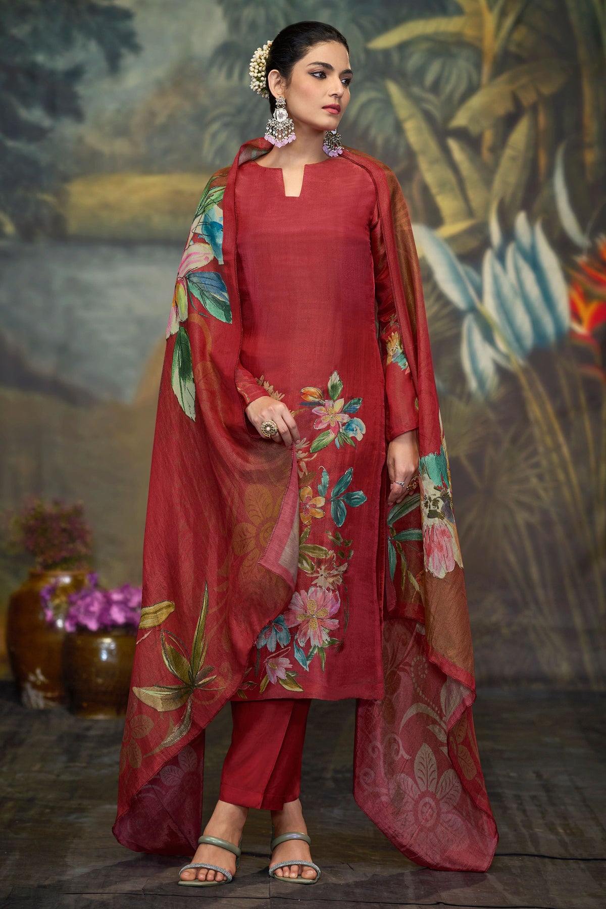 Maroon Pure Silk Tissue Salwar Kameez With Digital Print Dupatta