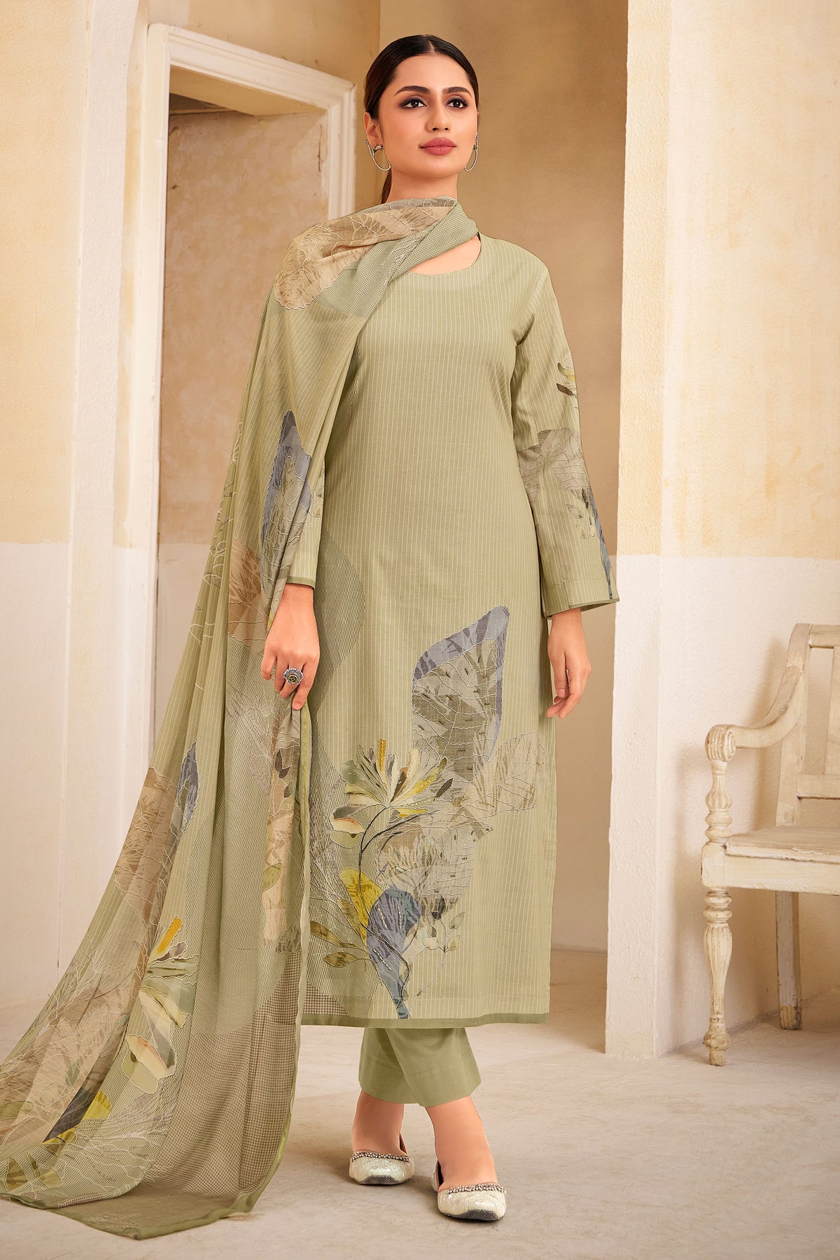 Cream Pure Lawn Cotton Digital Print With Handwork Long Salwar Suit