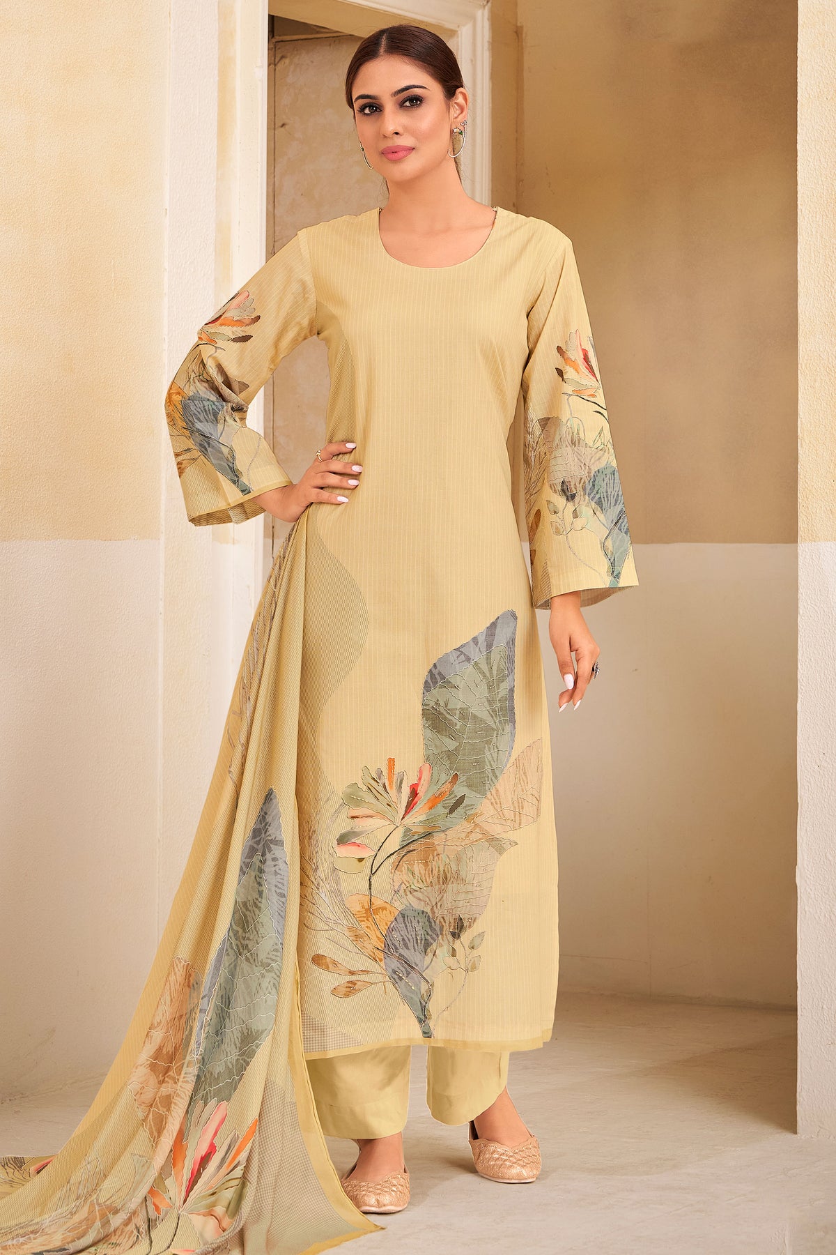 Beige Pure Lawn Cotton Digital Print With Handwork Long Suit