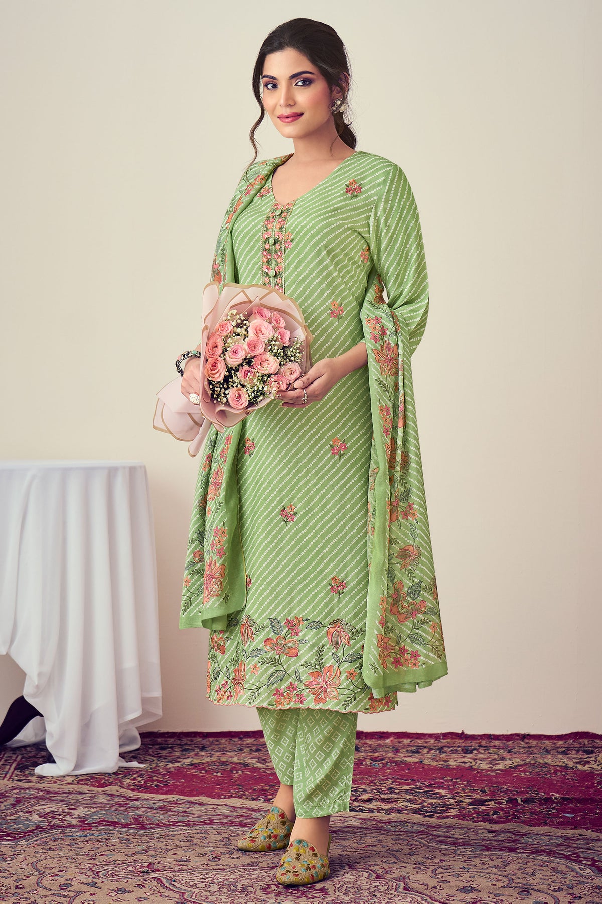 Green Pure Viscose Muslin Digital Print Casual Salwar Suit