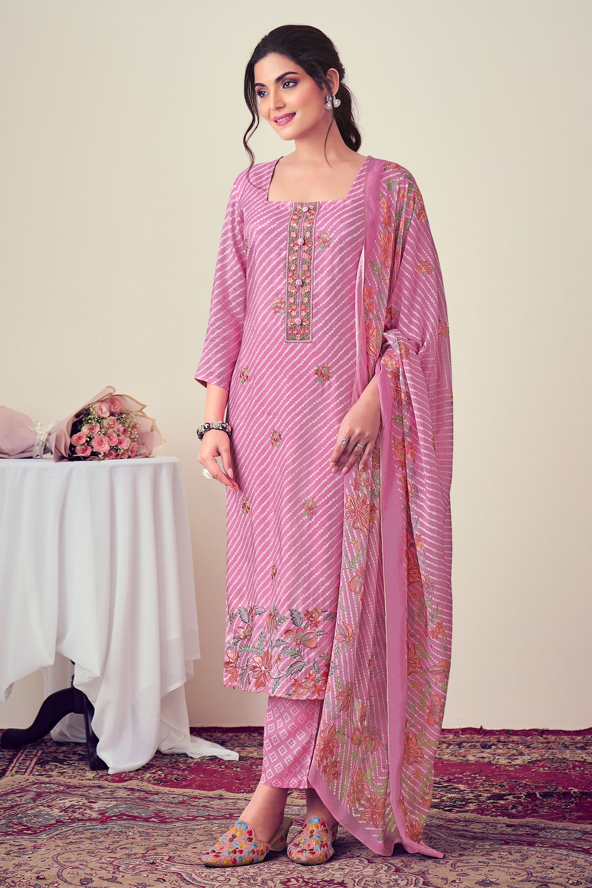 Pink Pure Viscose Muslin Digital Print Casual Suit