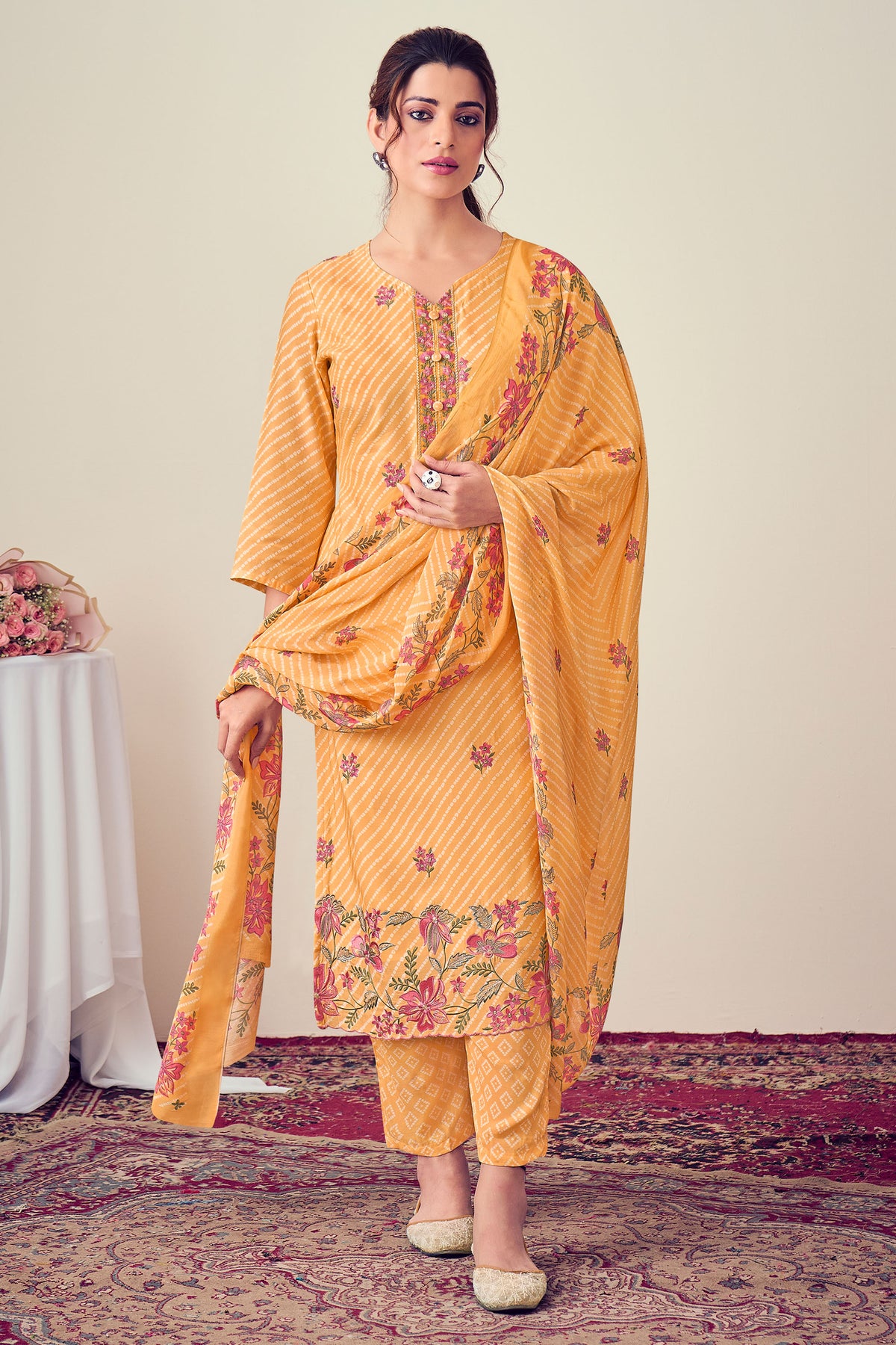 Orange Pure Viscose Muslin Digital Print Casual Dress