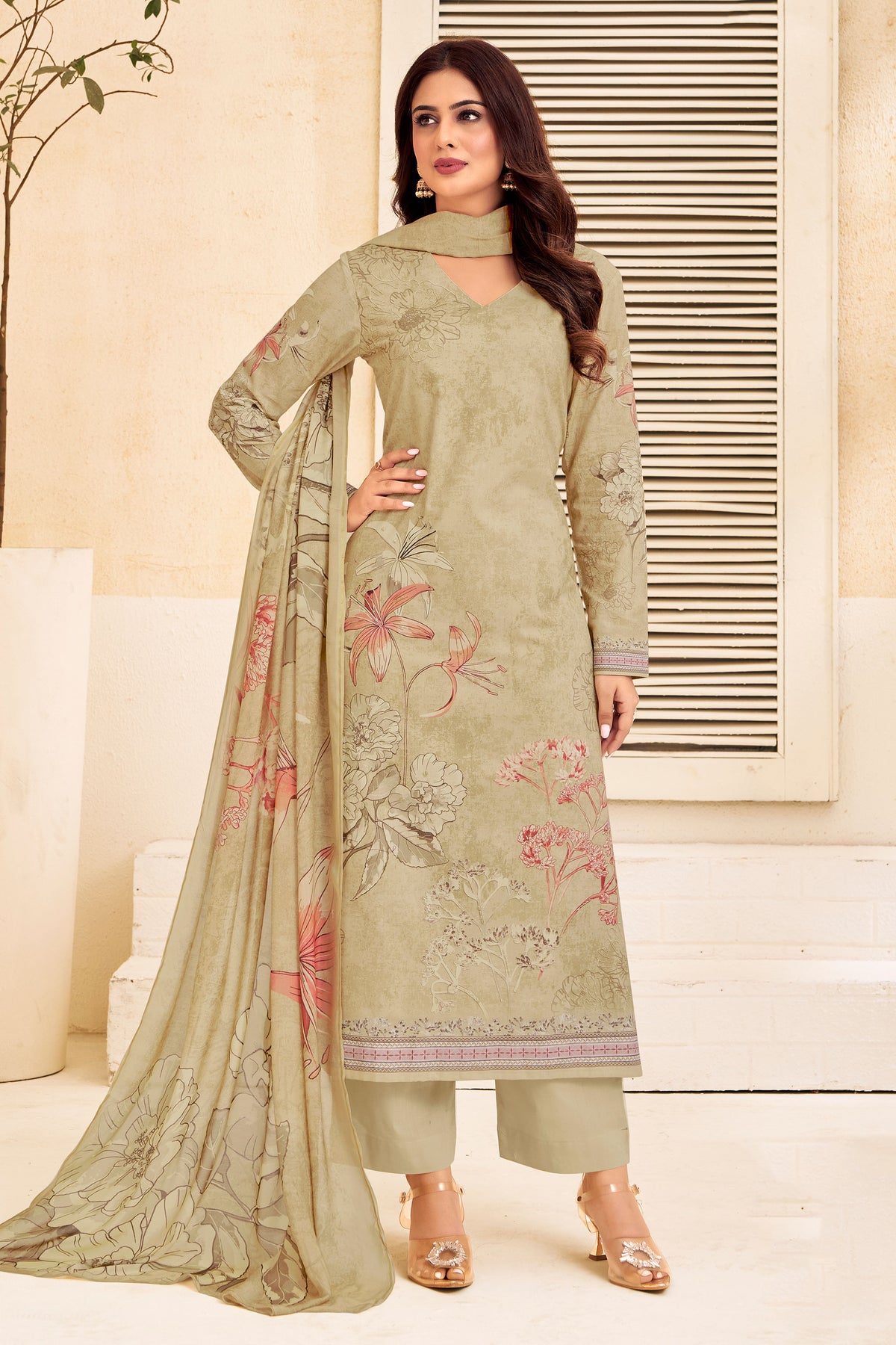 Cream Pure Lawn Cotton Salwar Kameez With Digital Print