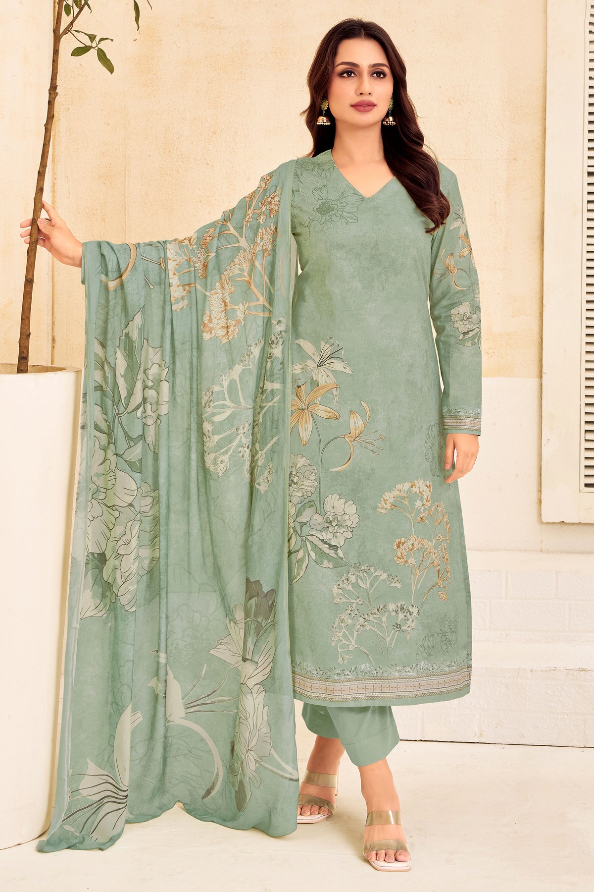 Sea Green Pure Cotton Lawn Salwar Suit With Digital Print