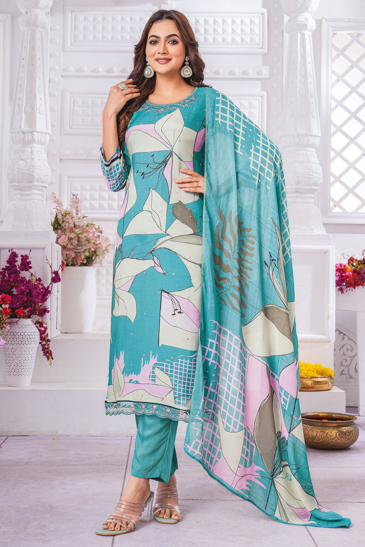 Cyan Pure Viscose Muslin Digital Print Casual Salwar Kameez
