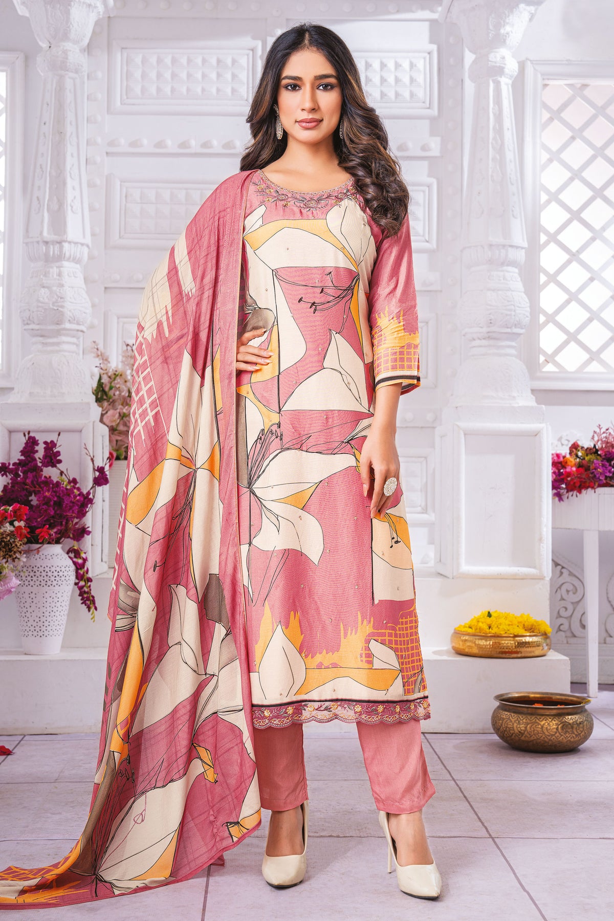 Pure Viscose Muslin Digital Print Peach Color Casual Salwar Suit