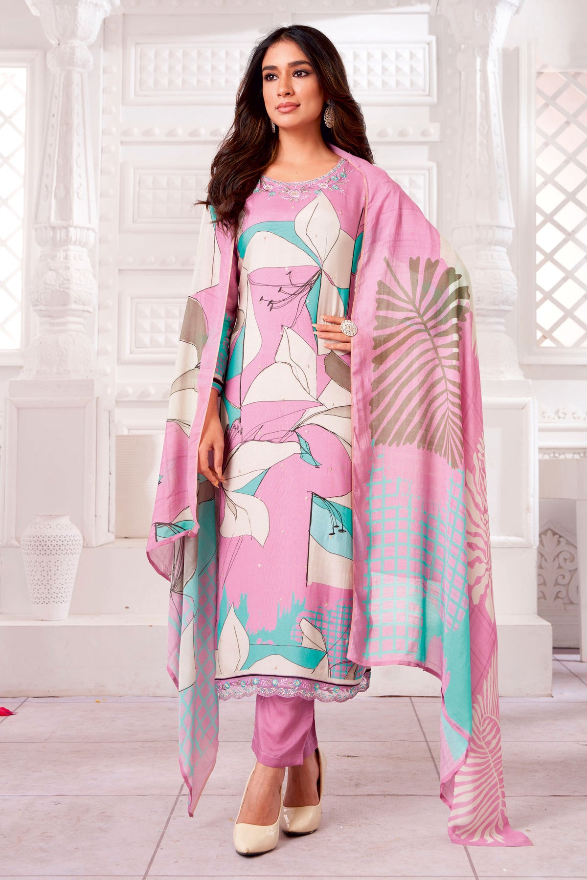 Pure Viscose Muslin Digital Print Casual Suit In Pink Color