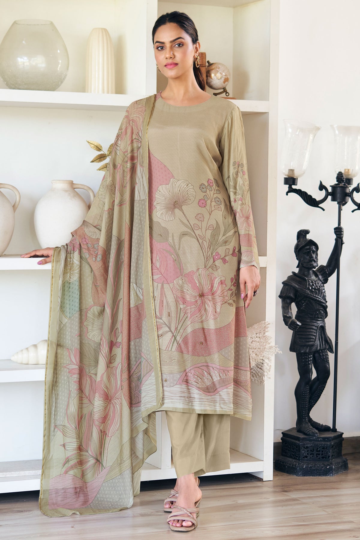 Beige Pure Viscose Muslin Digital Print With Handwork Salwar Kameez