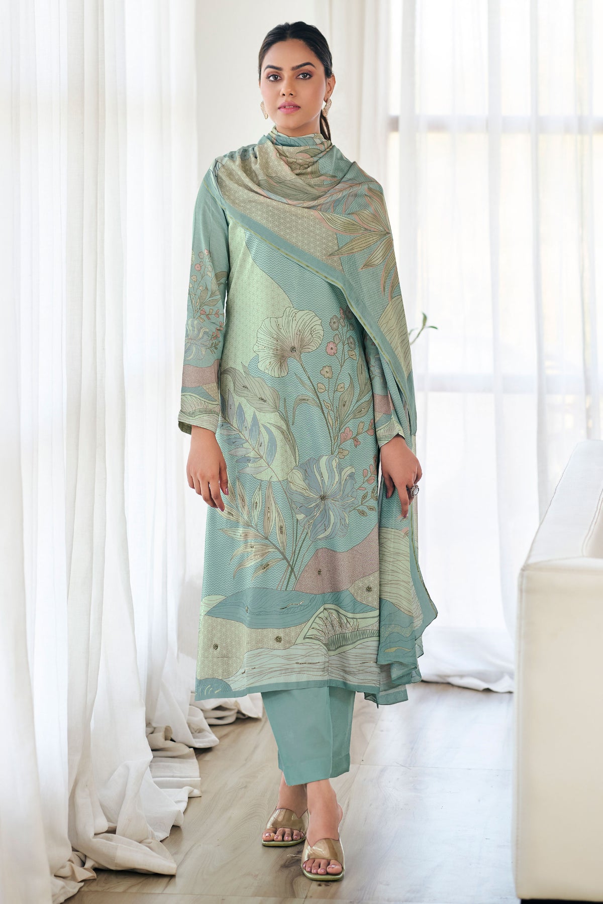 Sky Blue Pure Viscose Muslin Digital Print With Handwork Salwar Suit