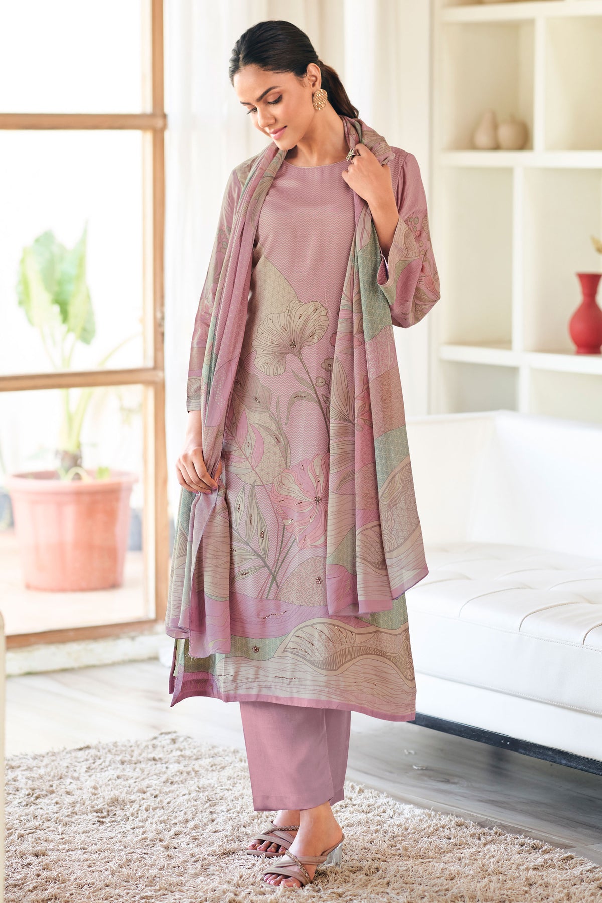Pink Pure Viscose Muslin Digital Print With Handwork Suit