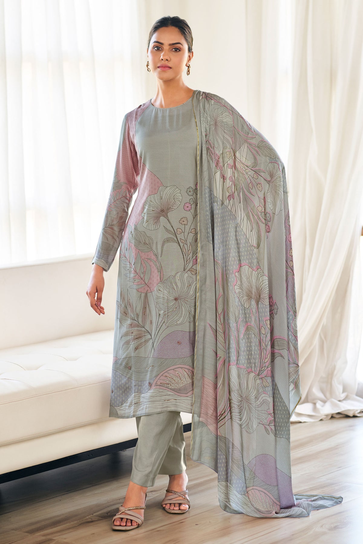 Grey Pure Viscose Muslin Digital Print With Handwork Dress