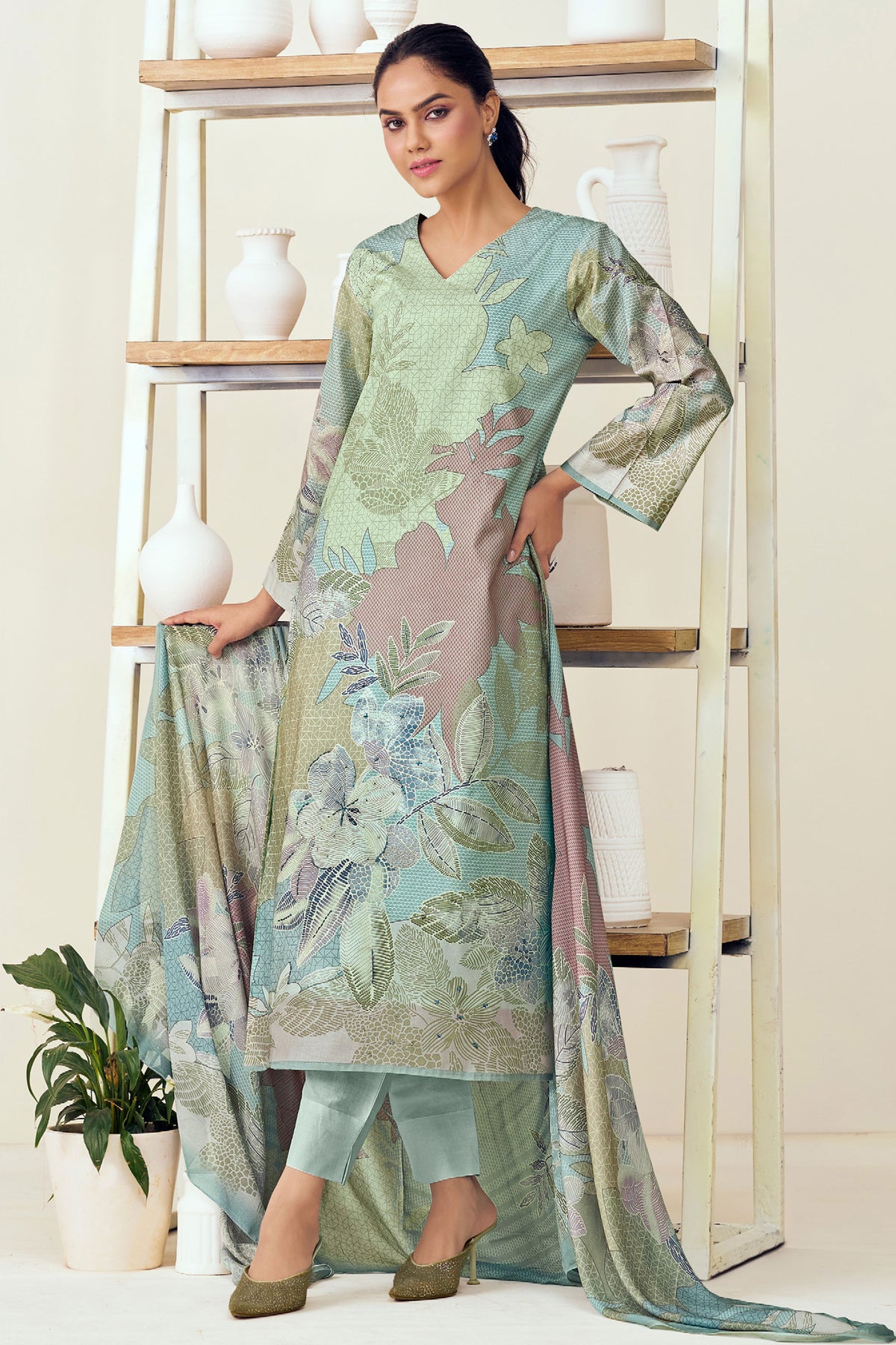 Pure Lawn Cotton Light Cyan Digital Print Daily Wear Suit