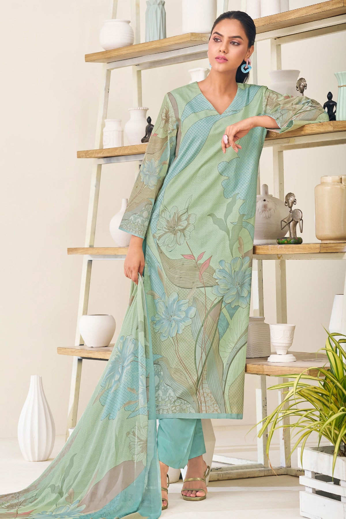 Pure Lawn Cotton Light Cyan Digital Print Suit