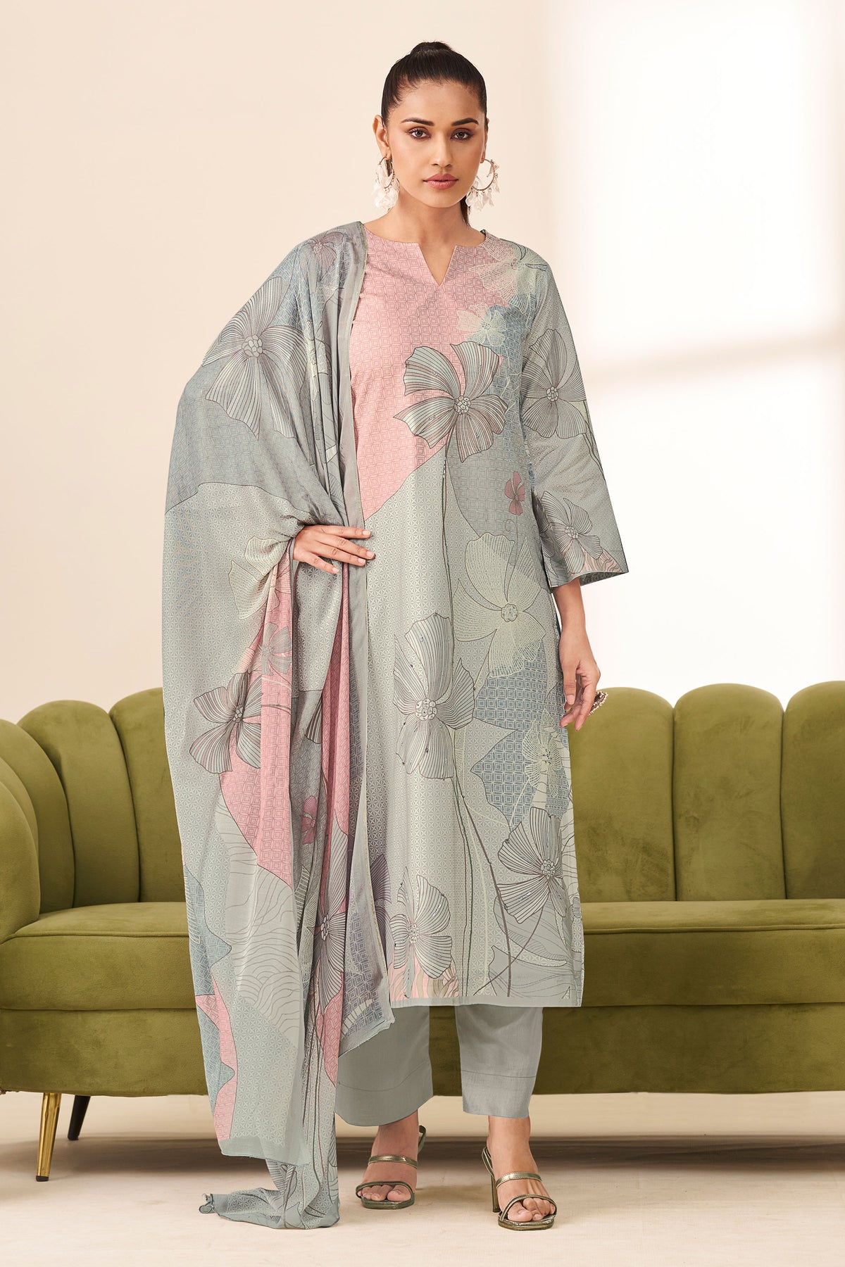 Grey Pure Lawn Cotton Digital Print With Handwork Salwar Kameez
