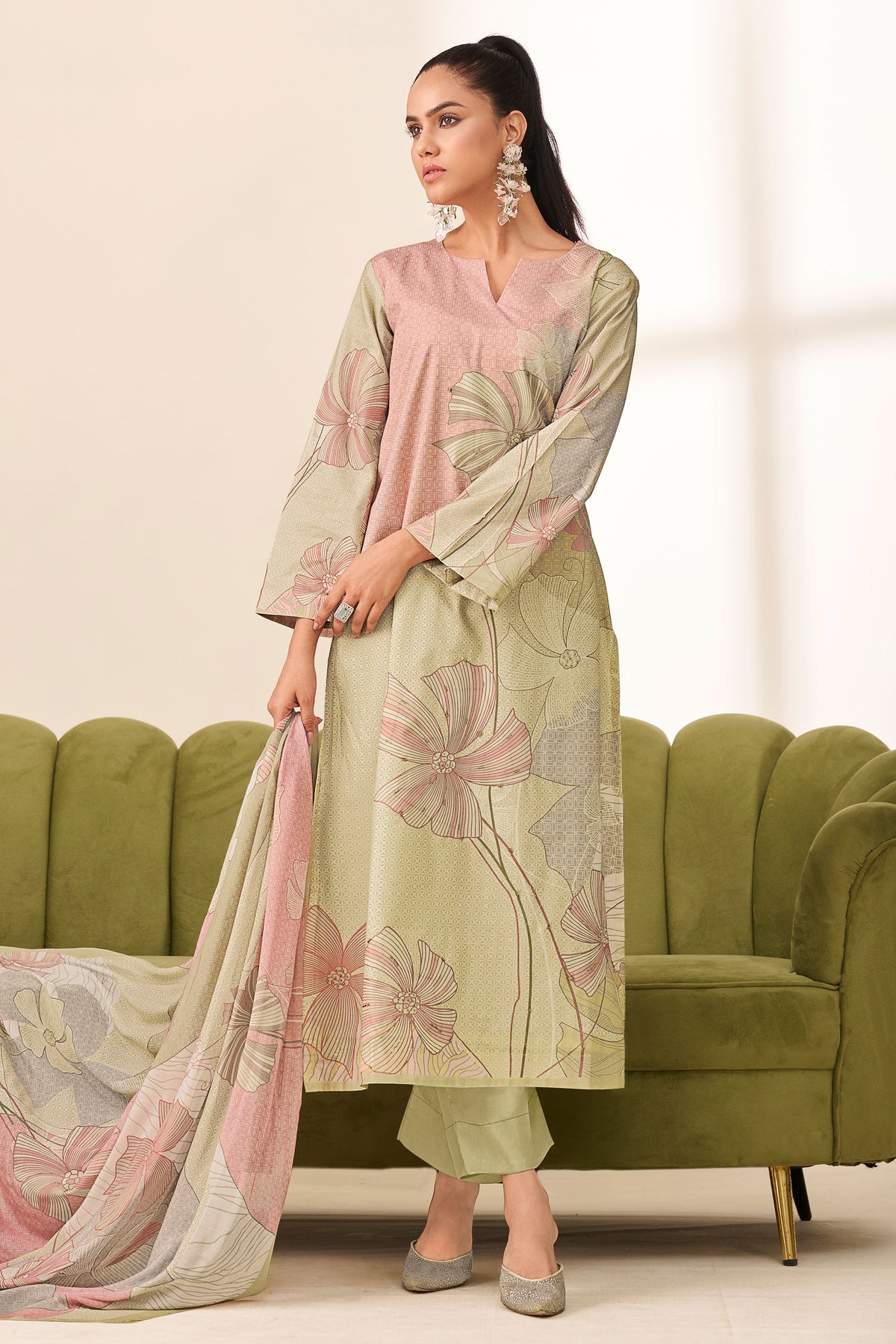 Green Pure Lawn Cotton Digital Print With Handwork Salwar Suit