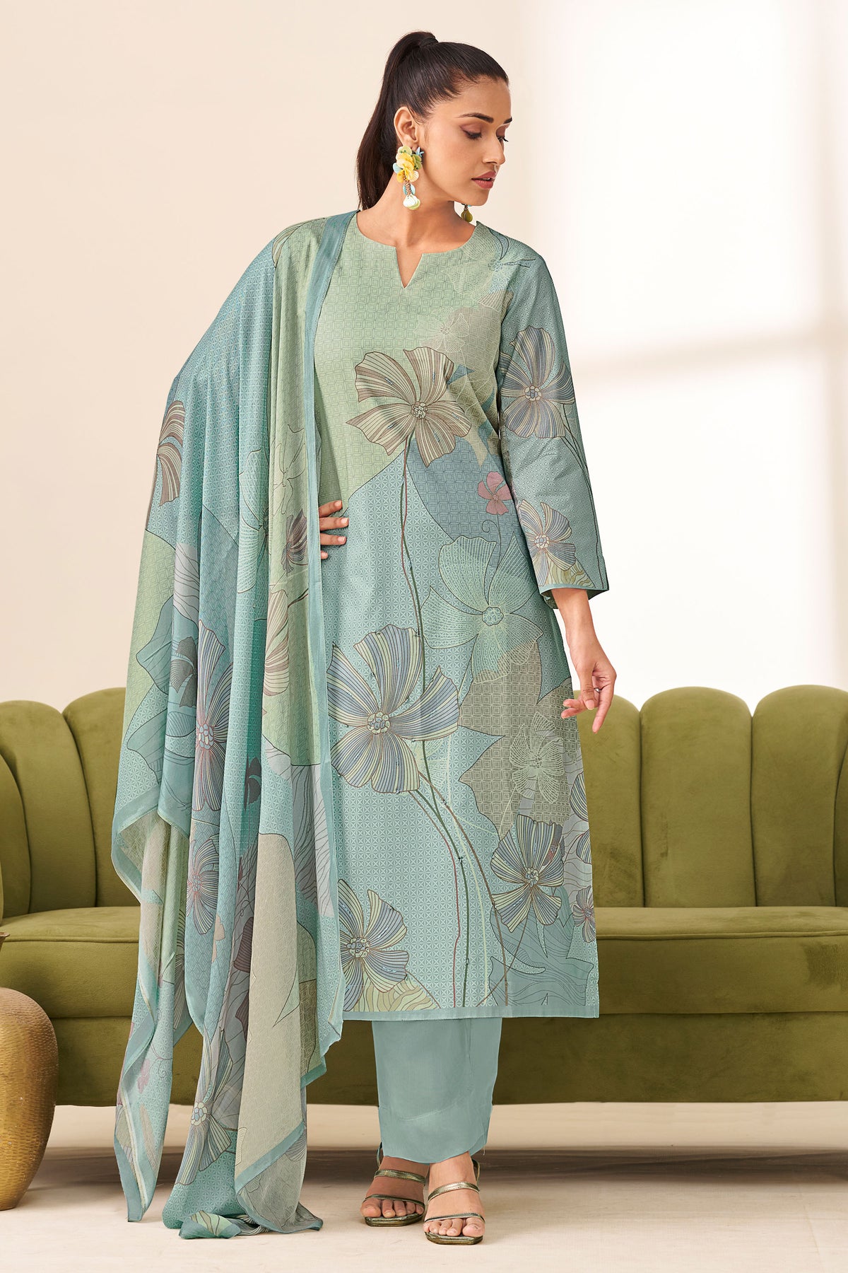 Light Cyan Pure Lawn Cotton Digital Print With Handwork Suit