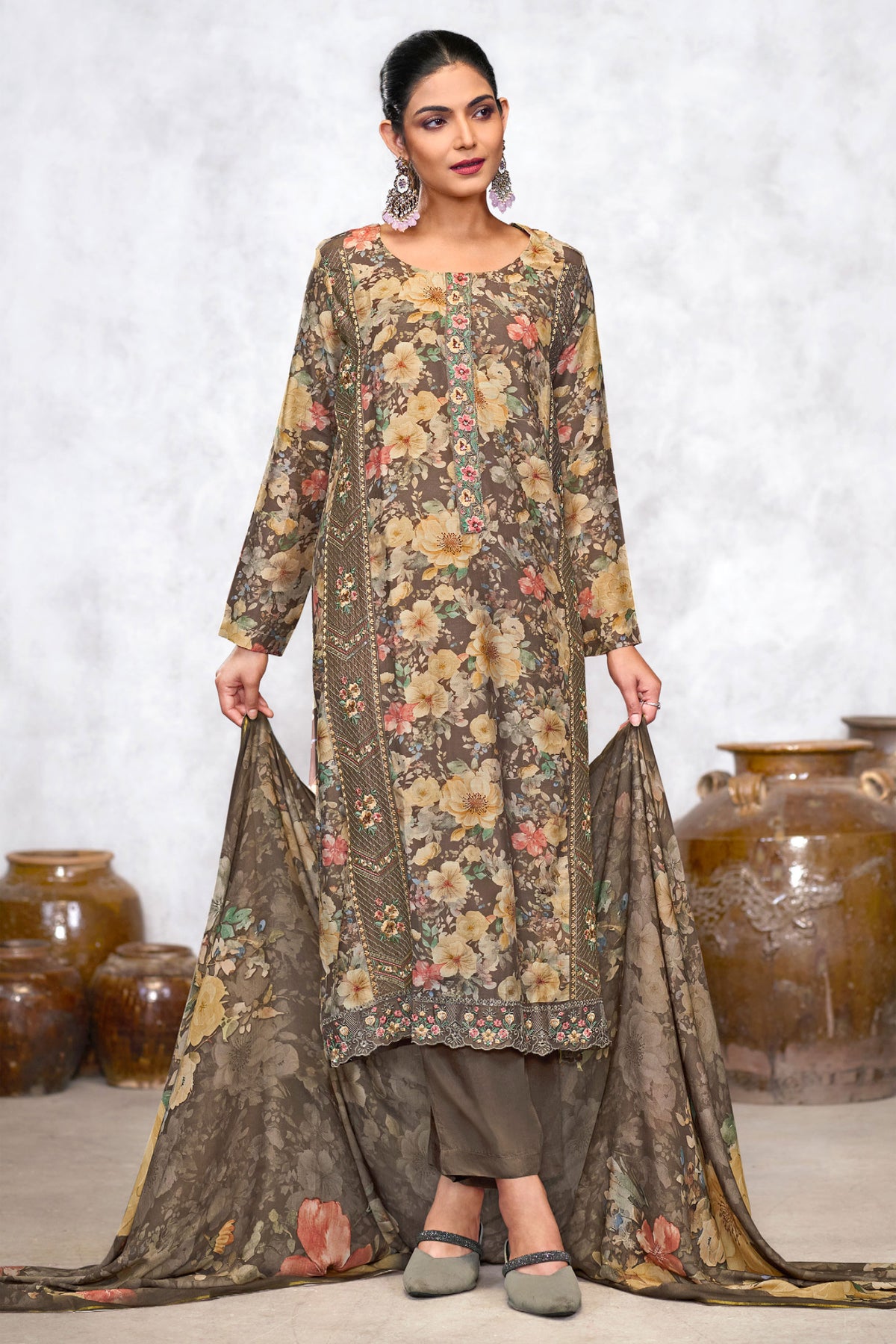 Brown Pure Viscose Muslin Digital Print Long Salwar Suit