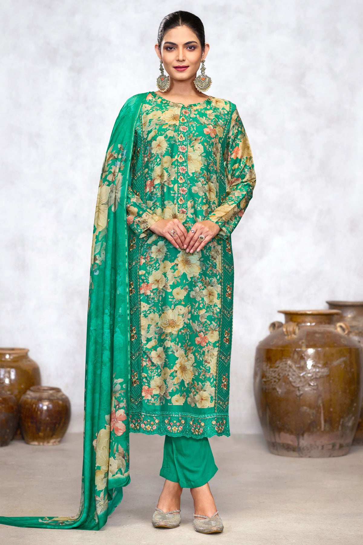 Pure Viscose Muslin Sea Green Digital Print Long Suit